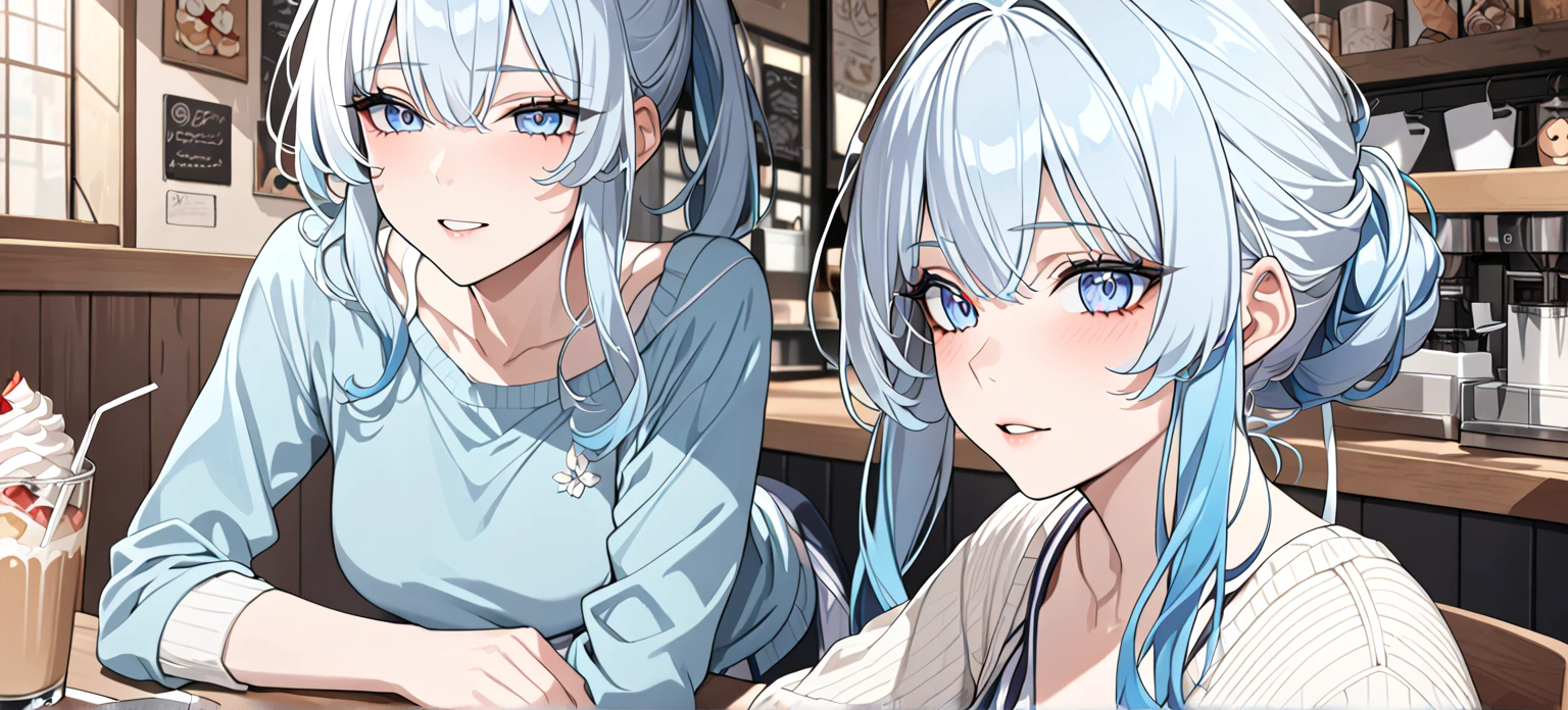 1 girl, A light blue haired girl, (detailed anatomical features, anime style:1.2), (best quality,4k,8k,highres,masterpiece:1.2),ultra-detailed, soft colors, anime, anime style, on date, cafe date, blue eyes, cafe, UHD, masterpiece, accurate, anatomically correct, textured skin, super detail, high details, high quality, award winning, best quality, highres, 16k, expressions, sweater, perspective, golden ratio. unaestheticXL_cbp62 , HDA_CableKnitXL, NegPDXL-DHP, Stable_Yogis_Animetoon_Negatives, Stable_Yogis_Animetoon_Negatives-neg, aidxlv05_neg