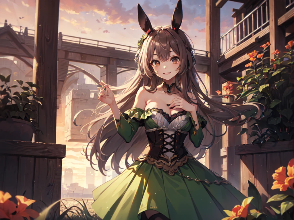 (Alone:2), (ren:2), (Green costume), (Short Fingers, Short Arms, Short Legs), (Horse Ears), (Flat Chest), (Smiling, Looking at Camera), (Red Castle Garden), (Sunset), (Focus on Chest), (Carefully Drawn, Amazing Artwork, Top Quality, High Resolution, 8k, Detailed, Delicate),