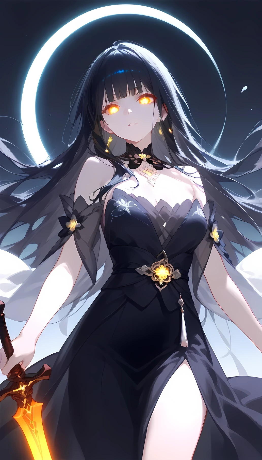 A beautiful woman with a glowing sword、Glowing Eyes、 long black hair 、 light clothing、 Pale Light、Illumination