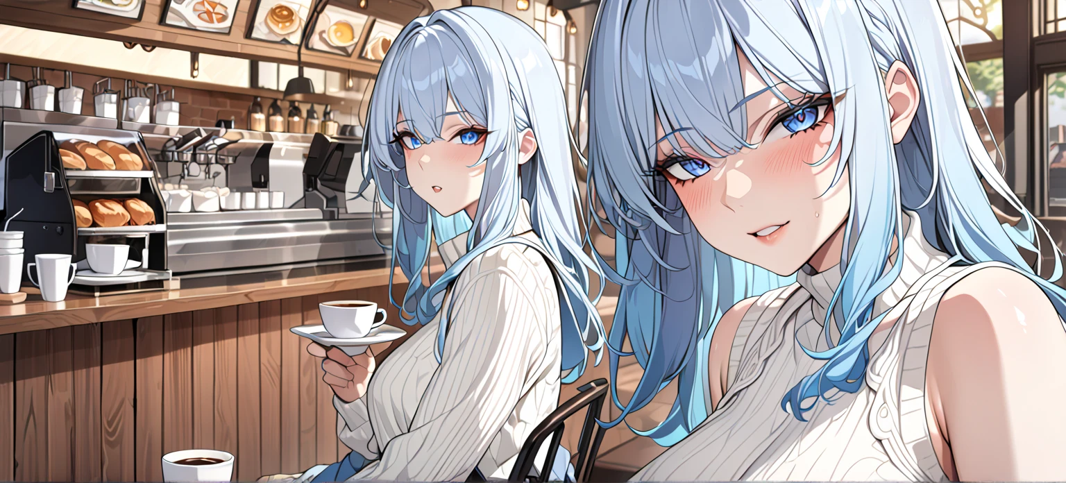 1 girl, A light blue haired girl, (detailed anatomical features, anime style:1.2), (best quality,4k,8k,highres,masterpiece:1.2),ultra-detailed, anime, anime style, on date, cafe date, blue eyes, cafe, UHD, masterpiece, accurate, anatomically correct, textured skin, super detail, high details, high quality, award winning, best quality, highres, 16k, expressions, sweater, perspective, golden ratio. unaestheticXL_cbp62 , HDA_CableKnitXL, NegPDXL-DHP, Stable_Yogis_Animetoon_Negatives, Stable_Yogis_Animetoon_Negatives-neg, aidxlv05_neg