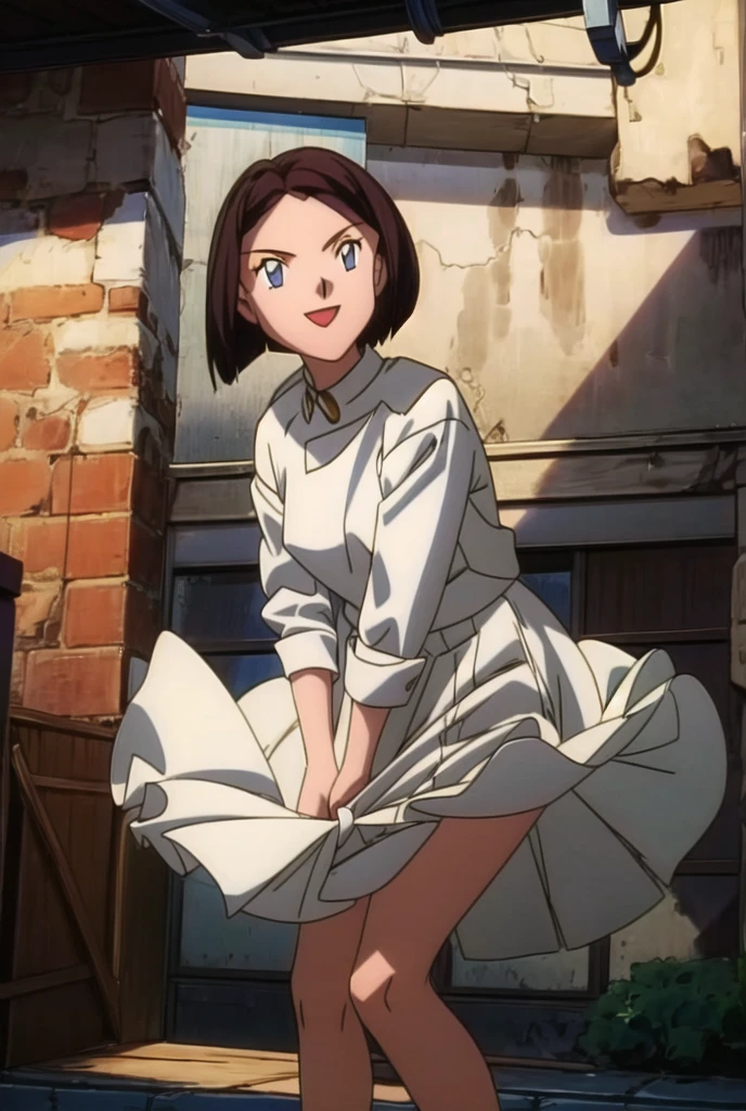 Same as original picture, 1girl, brown hair, short hair, blue eyes, smile, flying skirt , high quality, masterpiece 