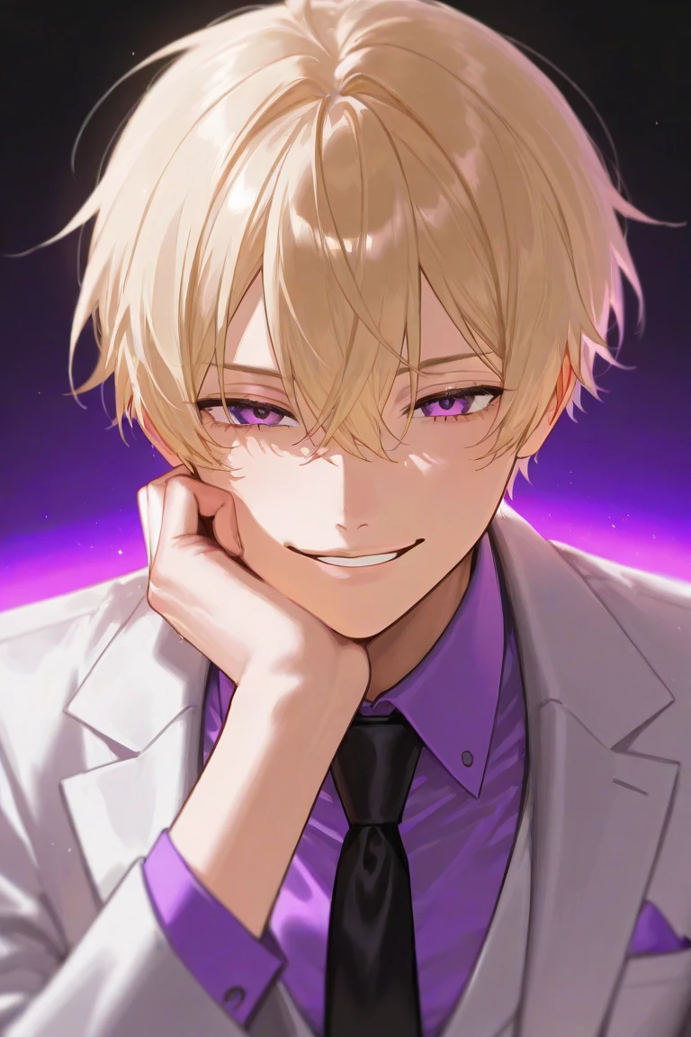 Blond short blond hair ,  purple eyes,  mafia man with a relaxed smile