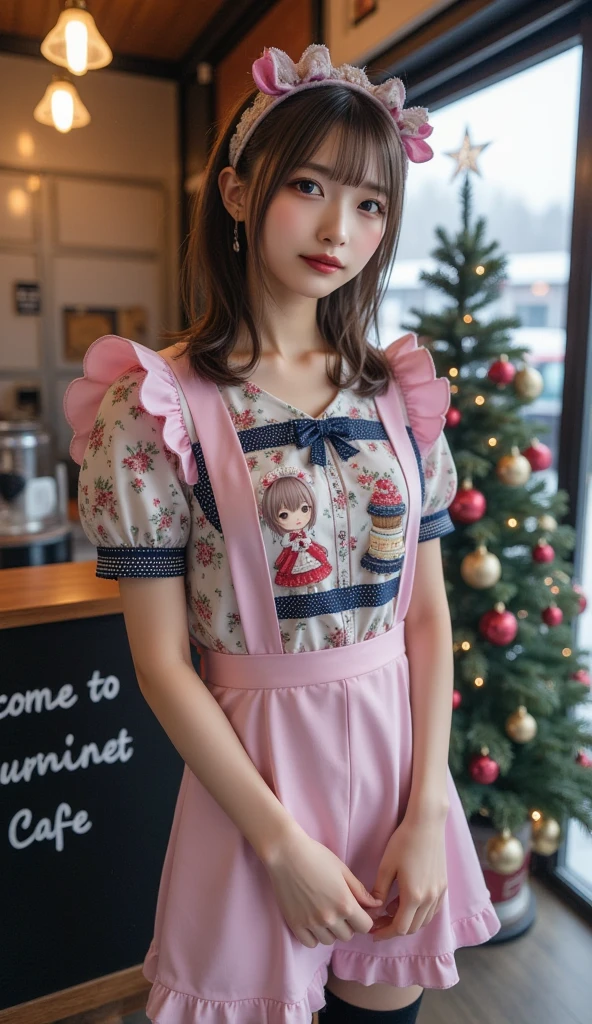 ultra-realistic, photorealistic, dramatic scene, shadow, global-illumination, solo, (20 years old Japanese famous idol girl:1.5), very beautiful fragile Japanese girl, very beautiful with very cute face, (modern maid, detailed face skin texture, cowboy shot:1.2), (wearing a cute pastel colored maid outfits with frills:1.2), (apron with vertical light navy stripes:1.2), happy smile, She is drawing a very cute chibi waitress girl of Chibi-Anime holding gorgeously decorated Christmas cakes that surrounded by the floral pattern on a blackboard with chalk, a blackboard is placed at the entrance of the Christmas decorated trendy café, Christmas tree with festive illuminations, (the blackboard reads "Merry Christmas!), (the signboard on the entrance door reads "Welcome to kurorinet cafe"), in winter, snowing outside, blizzard,