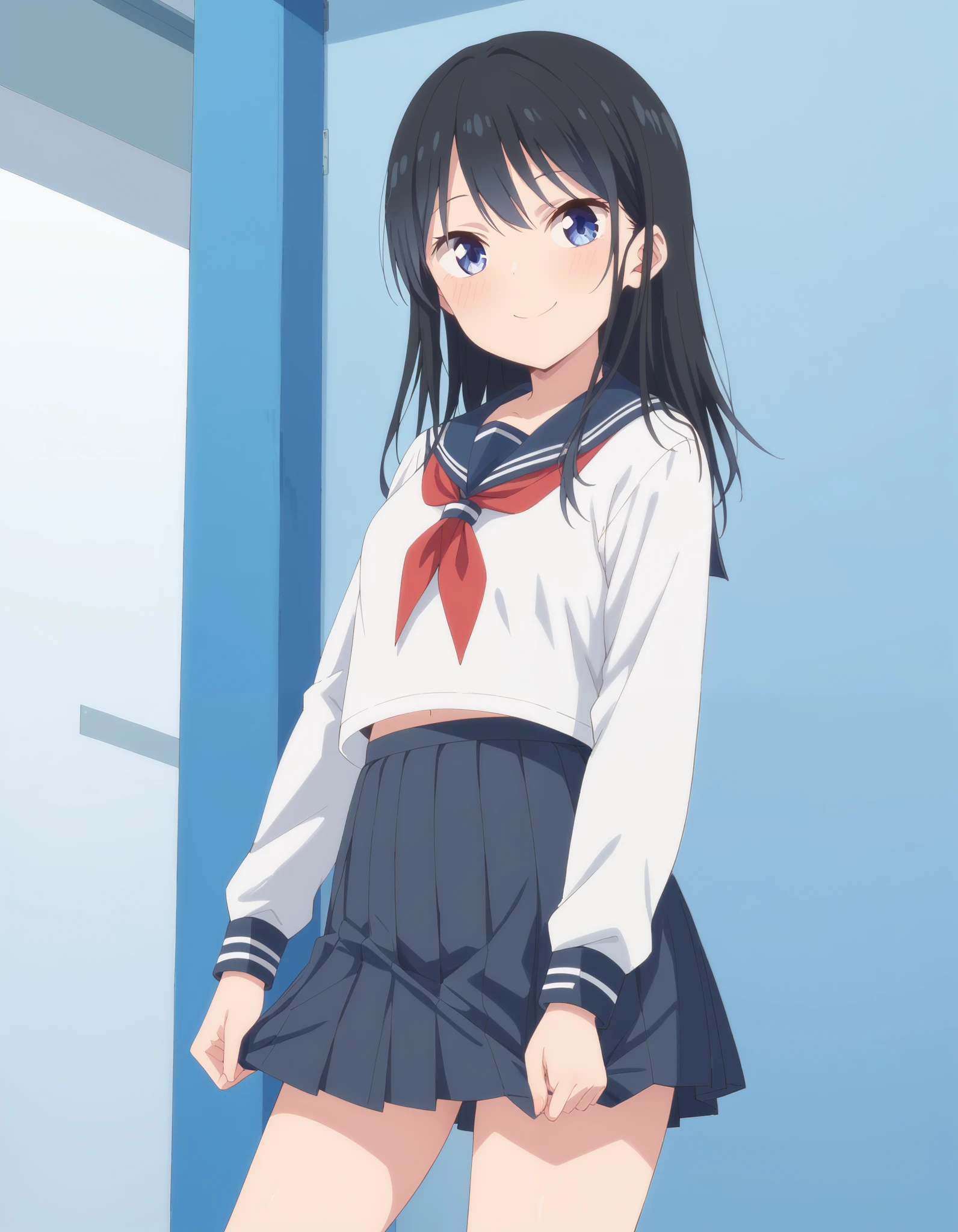 Masterpiece, hd, 1girl, kura Rin, small breasts, thing leg, black hair, blue eyes, long hair, wearing sailor uniform, long sleeves, white sailor uniform, blue sailor collar, blue pleated skirt, red tie, cute girl, cute character, smile, Standing, potrait, looking at viewer, smile, outdoor, school background