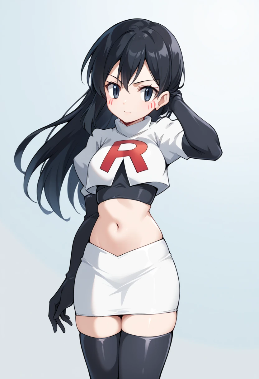 female, masterpiece, highly detailed, ultra detailed, best quality, highest quality, SFW, hyperdetailed, anime,1girl, solo, sky, looking at viewer, cowboy shot, smile, smug, team rocket uniform, white jacket, white skirt, pencil skirt, miniskirt, thighhigh boots, midriff, red letter "R", <lora:teamRocketUniform_V1:1>, <lora:pokemon_dawn:.5>,character_pokemon_dawn, hair clip, dark blue hair