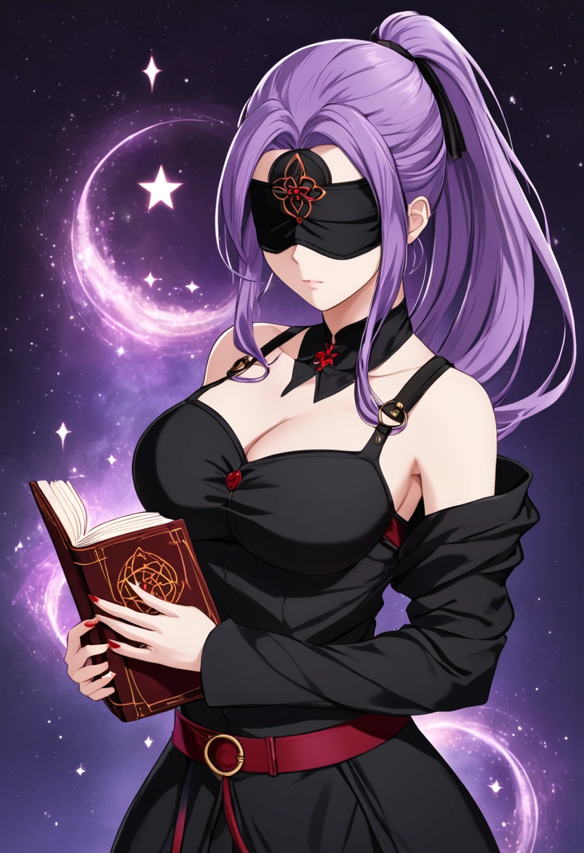 An anime-style female adult with larger breasts, with long purple hair tied in a voluminous ponytail with black and red highlights, wearing a long black outfit with some straps that reveal a little of her body and a blindfold that covers her eyes , holding a magic book with various symbols.