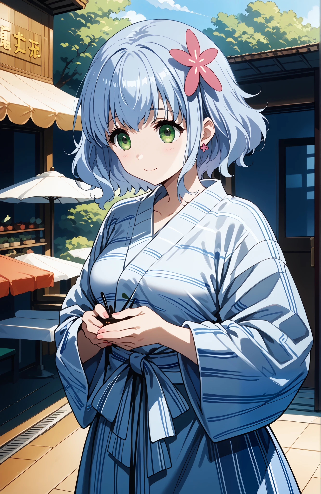 score_9, score_8_up, score_7_up, source_anime, 4K,perfect fingers,(perfect hands, perfect anatomy),
1girl,amagimuse, muse, blue hair, green eyes, short hair, hair ornament, large breast,
wearing ((cotton yukata)),,
her expression is solemn, anime visual of a young woman, she has a cute expressive face, red cheek, lustful face, fair skin,