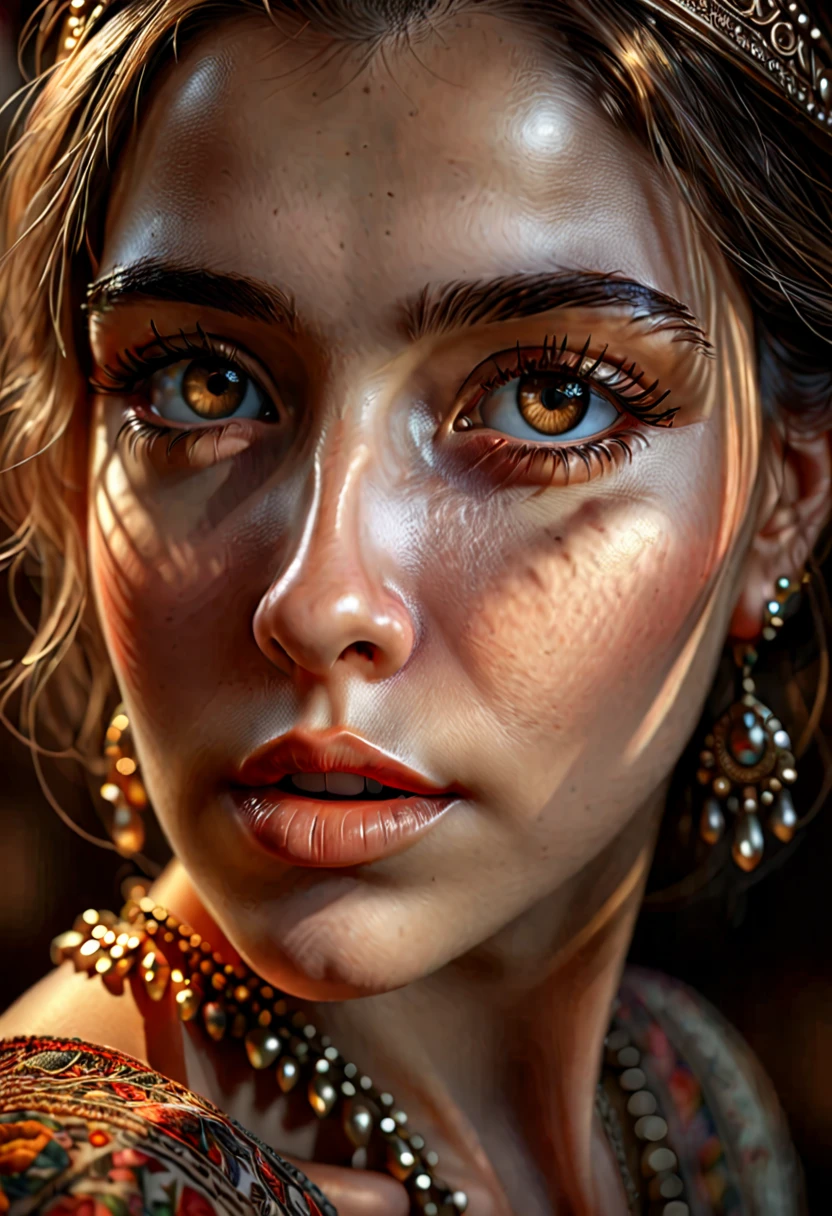 beautiful woman, 1 woman, girl, beautiful detailed eyes, beautiful detailed lips, extremely detailed eyes and face, long eyelashes, intricate detailed portrait, detailed facial features, photorealistic, high quality, 8k, ultra-detailed, realistic, masterpiece, oil painting, chiaroscuro lighting, warm colors, cinematic lighting, dramatic lighting, dramatic shadows, classical painting style