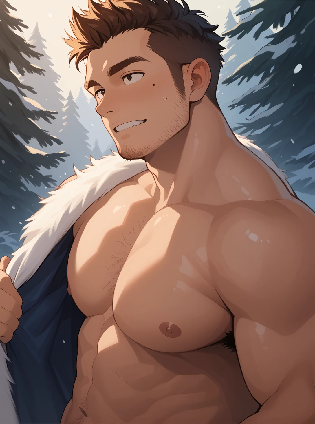  best quality ,  adult male , thick stubble, bodybuilder, muscular, body hair, winter forest, naked torso ,  winter clothes,  Detailed face,  