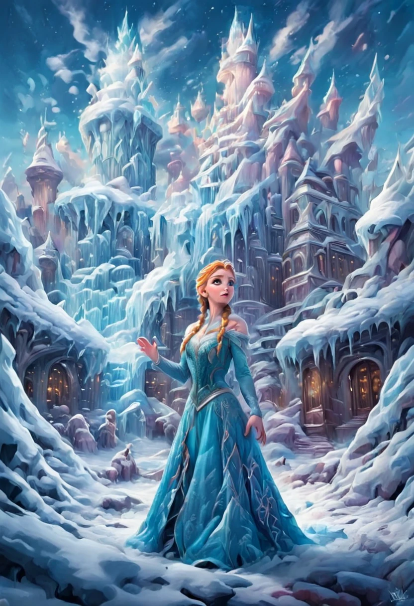 A beautiful, Disney-style scene from "Frozen" where the Queen comes down from the snow and ice tower singing a song

1 beautiful woman in a blue dress, singing, coming down from a snow and ice castle, hdr,8k,ultra-detailed,realistic,photorealistic,detailed eyes and face, detailed cinematic lighting,fantasy,magical,Disney-style,cold winter landscape,snowflakes,ethereal,glowing,dramatic,vibrant colors,intricate details