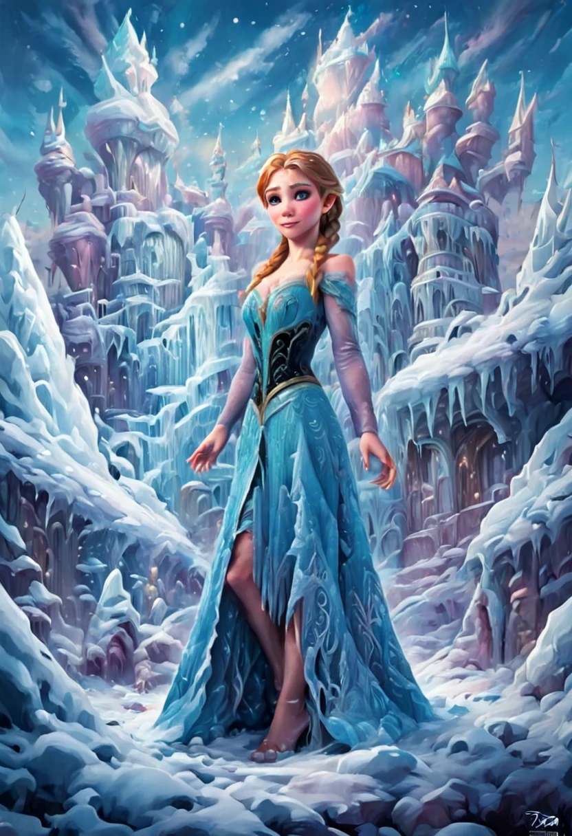 A beautiful, Disney-style scene from "Frozen" where the Queen comes down from the snow and ice tower singing a song

1 beautiful woman in a blue dress, singing, coming down from a snow and ice castle, hdr,8k,ultra-detailed,realistic,photorealistic,detailed eyes and face, detailed cinematic lighting,fantasy,magical,Disney-style,cold winter landscape,snowflakes,ethereal,glowing,dramatic,vibrant colors,intricate details