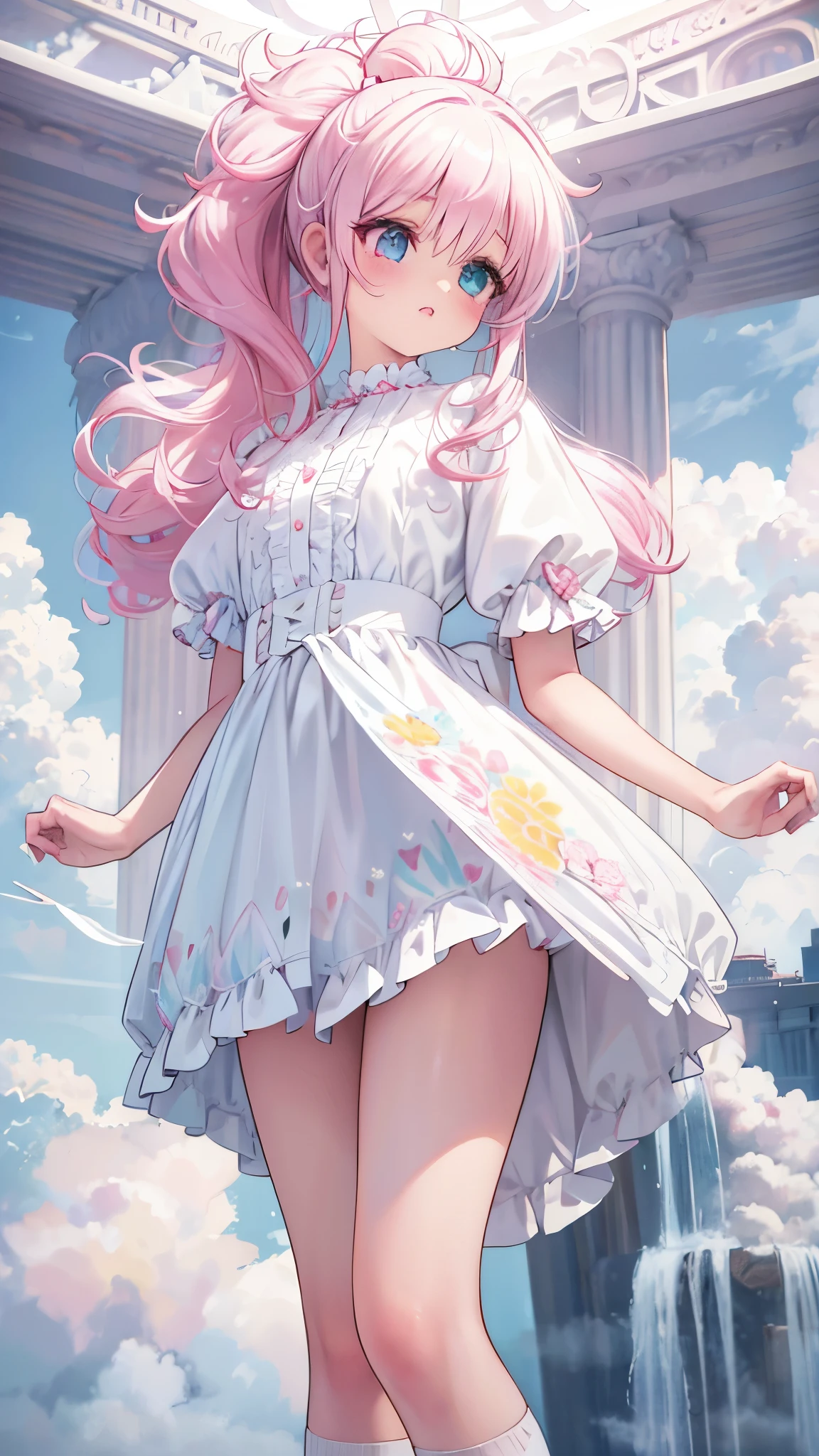 1girl, pink ponytail, half body, thighs socks, messy curly hair, multiple poses, detailed facial features, beautiful eyes, beautiful lips, delicate features, cinematic lighting, dramatic angles, ethereal, pastel colors, dreamlike, soft focus, digital art, masterpiece, cloudy weather, heterochromia, fluffy, standing