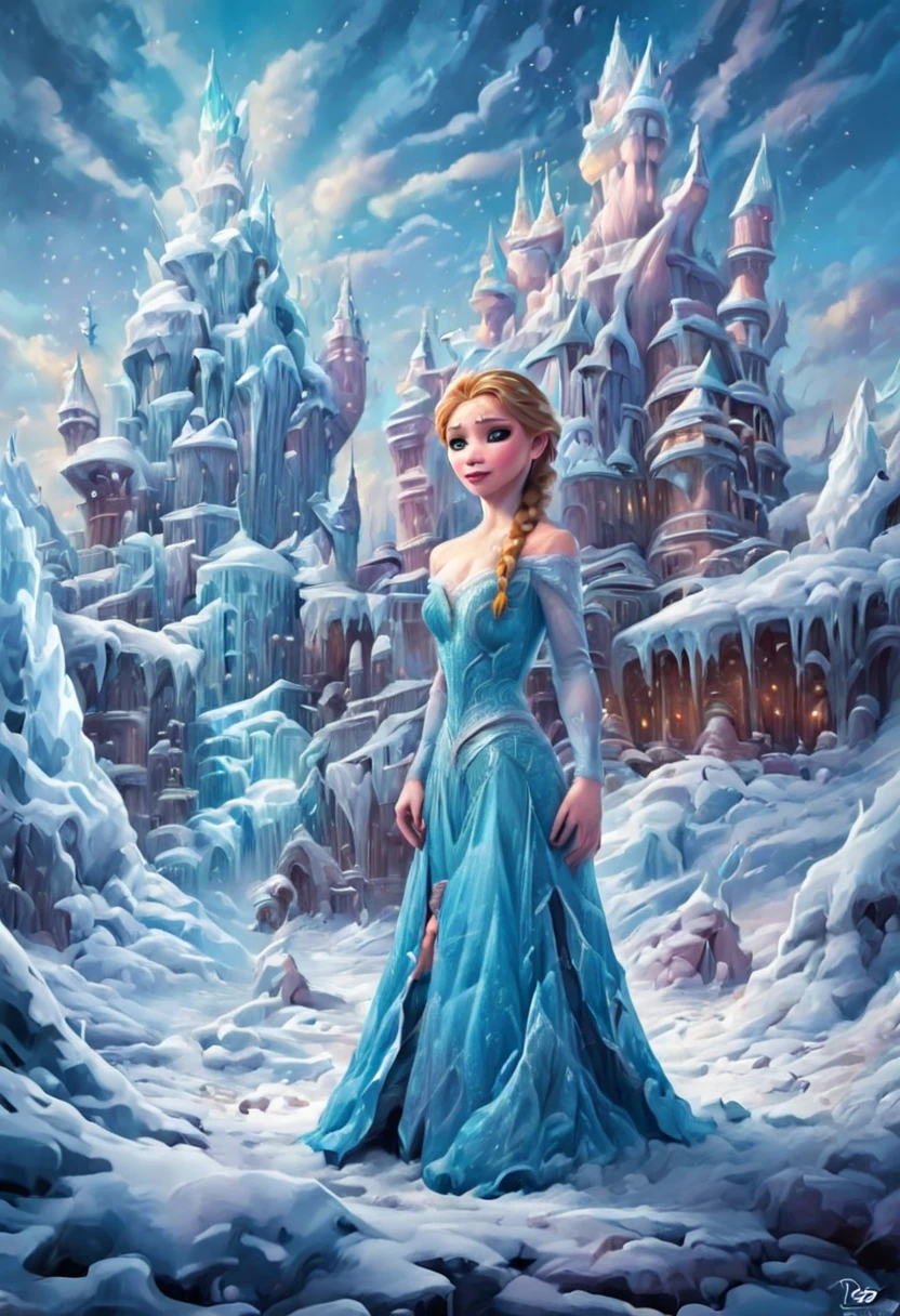 A beautiful, Disney-style scene from "Frozen" where the Queen comes down from the snow and ice tower singing a song

1 beautiful woman in a blue dress, singing, coming down from a snow and ice castle, hdr,8k,ultra-detailed,realistic,photorealistic,detailed eyes and face, detailed cinematic lighting,fantasy,magical,Disney-style,cold winter landscape,snowflakes,ethereal,glowing,dramatic,vibrant colors,intricate details