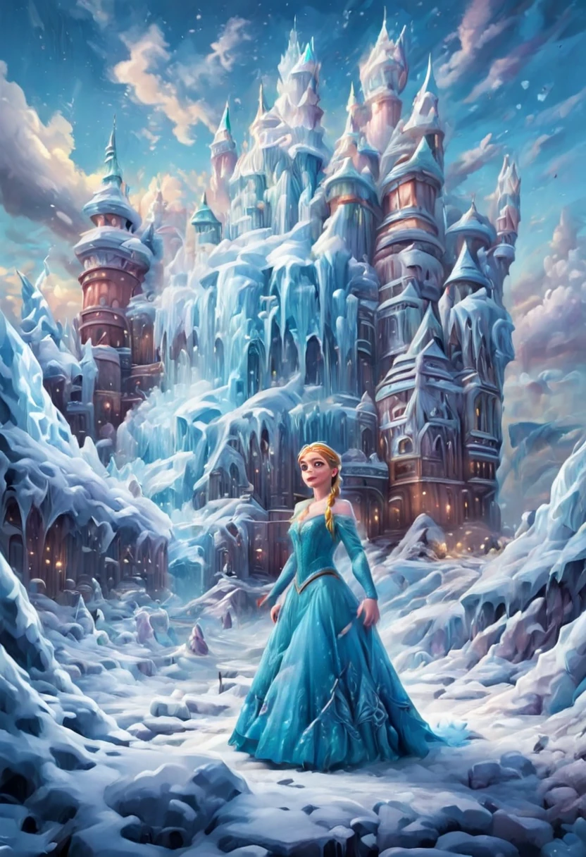 A beautiful, Disney-style scene from "Frozen" where the Queen comes down from the snow and ice tower singing a song

1 beautiful woman in a blue dress, singing, coming down from a snow and ice castle, hdr,8k,ultra-detailed,realistic,photorealistic,detailed eyes and face, detailed cinematic lighting,fantasy,magical,Disney-style,cold winter landscape,snowflakes,ethereal,glowing,dramatic,vibrant colors,intricate details