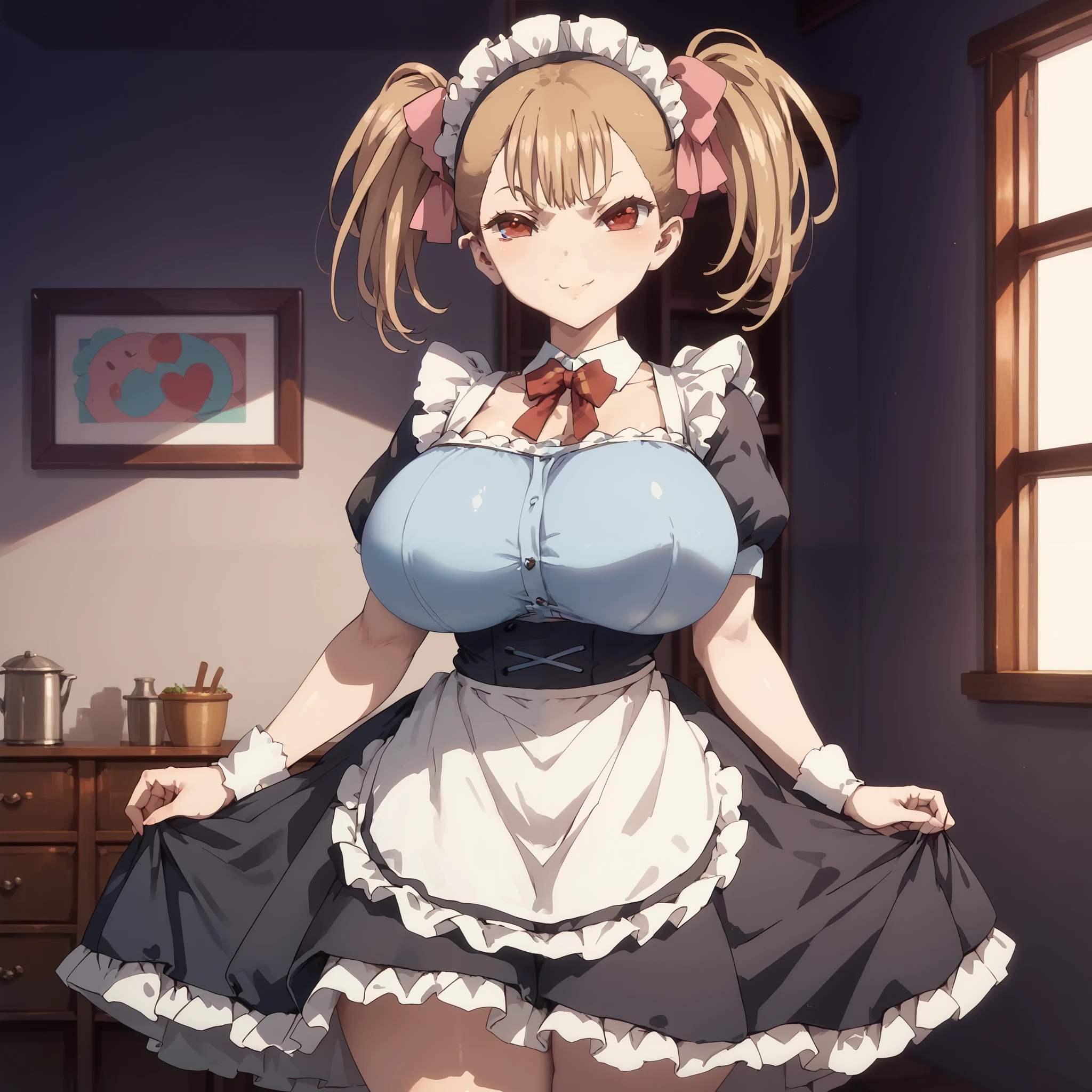 1girl, rumi, light brown hair, middle bangs, pink hair ribbons, twintails, red eyes, (huge breasts:1.3), narrow waist, wide hips, thick thighs, maid costume, blushed, smug smile, cute, standing, looking at viewer, simple background, from the front view