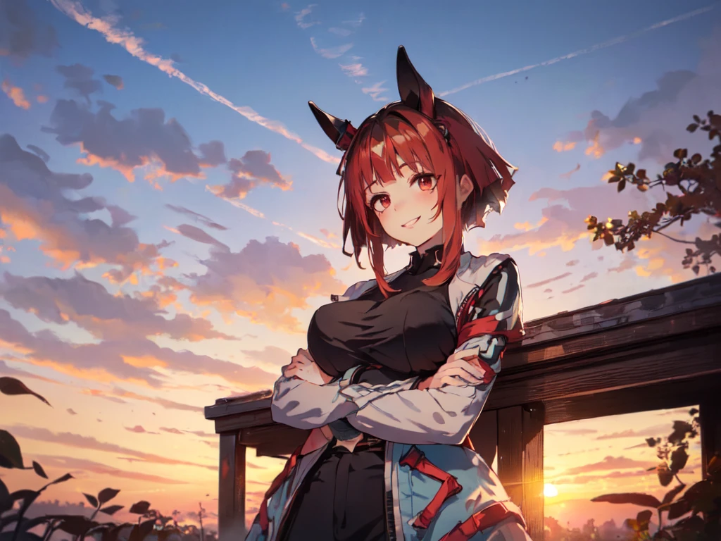 (Alone:2), (adult:2),  (Short Fingers, Short Arms, Short Legs), (Horse Ears), (Big Breasts),( arm-crossed)、 (Smiling, Looking at Camera), (Red Castle Garden), (Sunset), (Focus on Chest), (Carefully Drawn, Amazing Artwork, Top Quality, High Resolution, 8k, Detailed, Delicate),