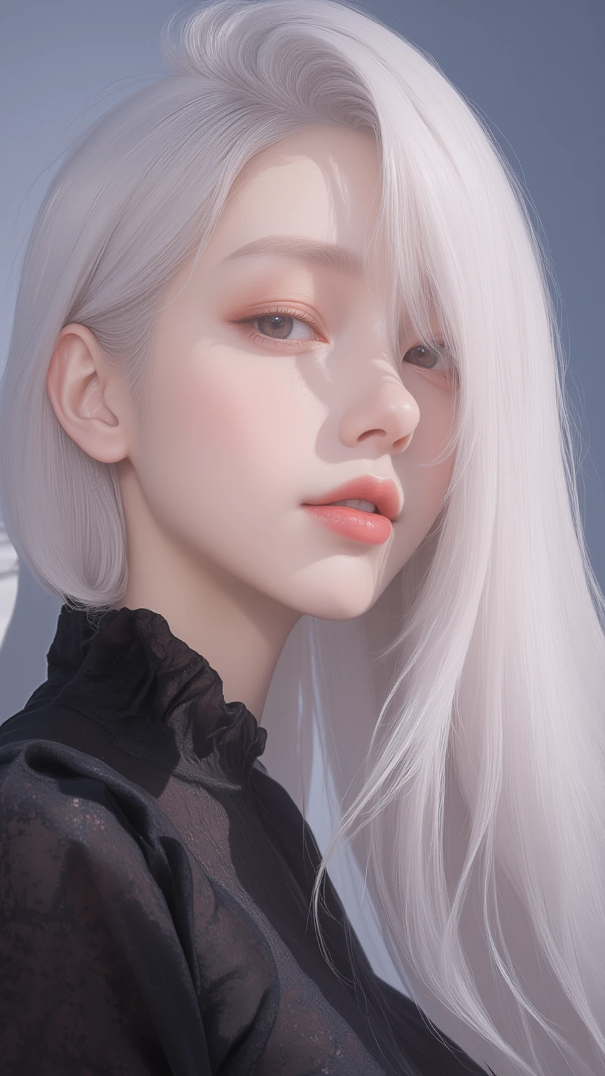 Close-up of a woman with white hair and a black blouse, with long white hair, long  white hair, white haired Cangcang, White-haired, Perfect white haired girl, white haired lady, intense white hair, Girl with white hair, white-hair pretty face, Flowing white hair, White hair, ruan jia beautiful!, Long white hair