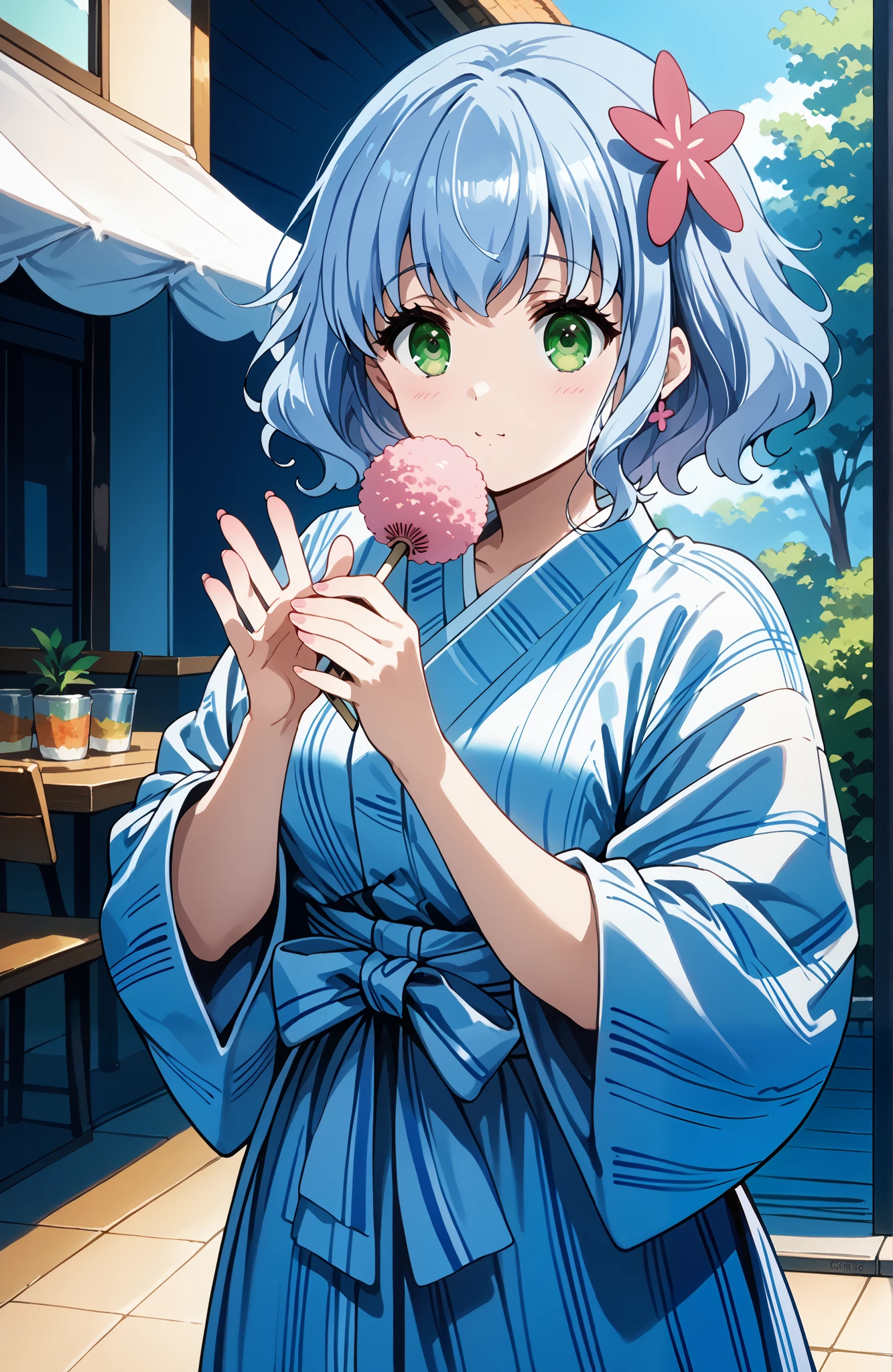 score_9, score_8_up, score_7_up, source_anime, 4K,perfect fingers,(perfect hands, perfect anatomy),
1girl,amagimuse, muse, blue hair, green eyes, short hair, hair ornament, large breast,
wearing ((cotton yukata)),,
anime visual of a young woman, she has a cute expressive face, red cheek, lustful face, fair skin,