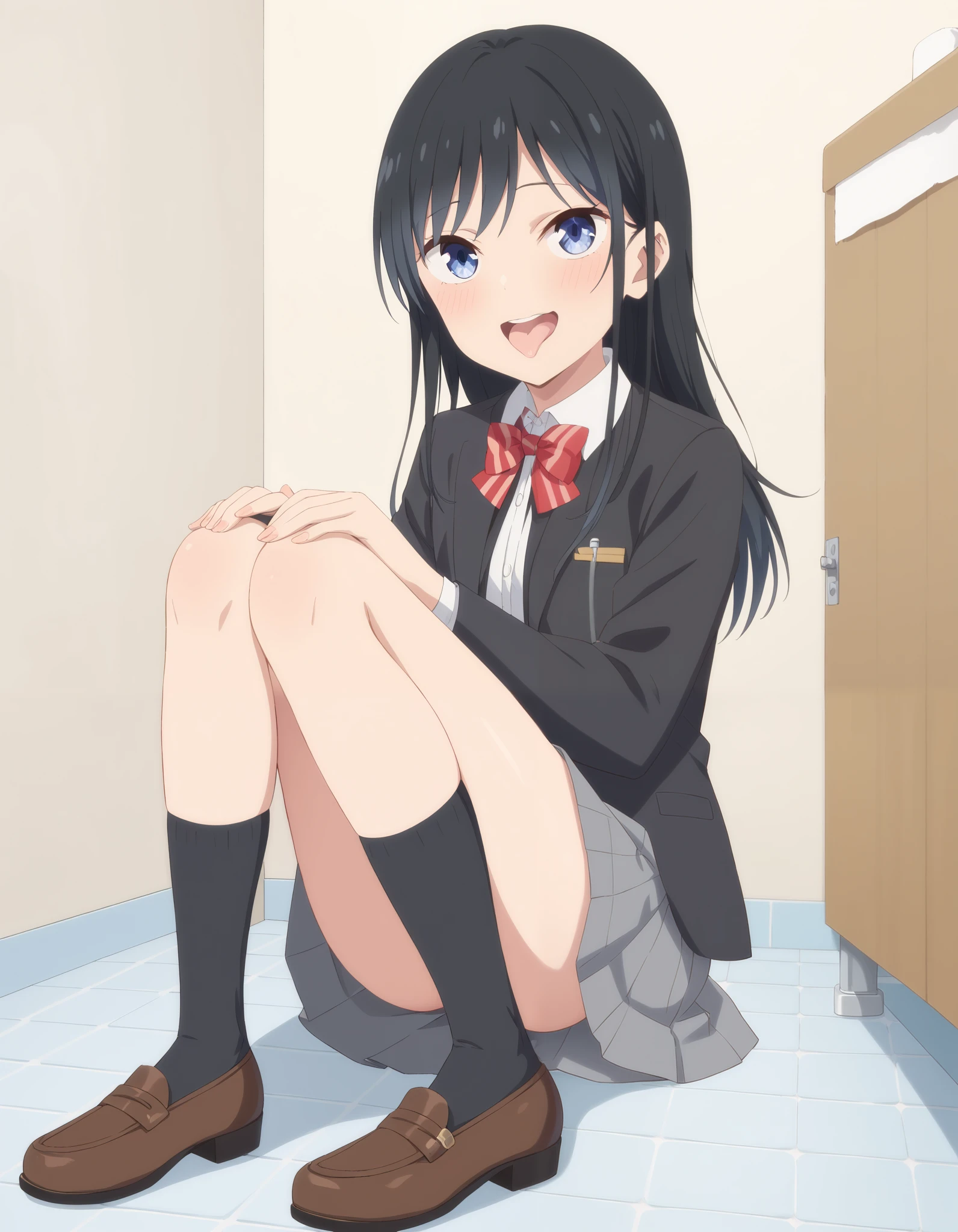 Masterpiece, hd, 1girl, Nanakura Rin, small breasts, thing leg, black hair, blue eyes, long hair, wearing white collared shirt, black color blazer opened jacket, red bowtie, wearing gray skirt, miniskirt,black socks, brown shoes , cute girl, cute character, Sitting, Sitting on closet, WC, holding stomatch, fullbody, looking at viewer, ahegao, opened mouth, indoor, restroom