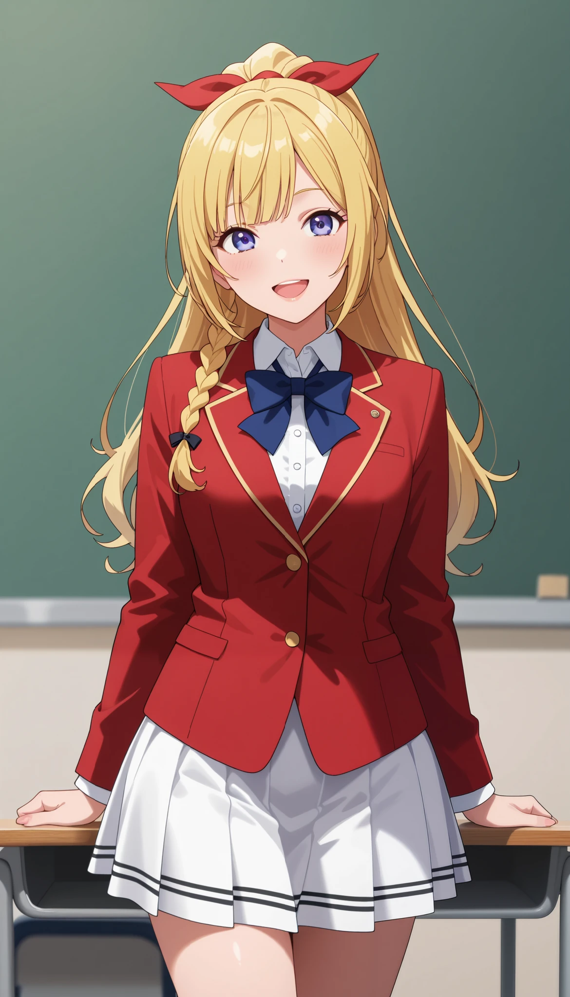 masterpiece, best quality, highres, yellow hair,ponytail hair, (single braid:1.2), hair ribbon, red blazer,buttoned blazer, blue bowtie, long sleeves, white skirt,standing ,model posing, in school outdoor, smile ,glossy lips,cowboy shot ,open mouth