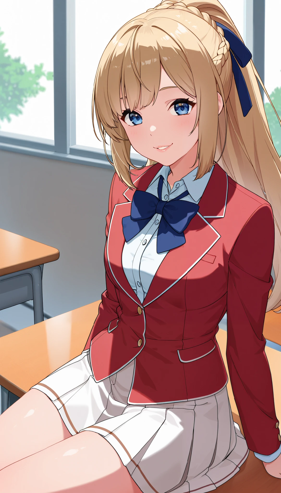 masterpiece, best quality, highres, ponytail hair, (single braid:1.2), hair ribbon, red blazer,buttoned blazer, blue bowtie, long sleeves, white skirt,sitting, in classroom,smile ,glossy lips