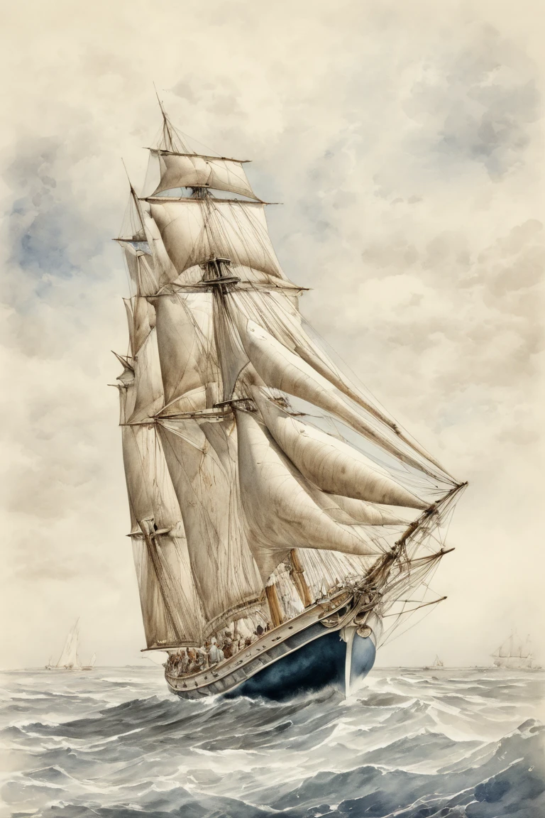 A beautiful sketch of A velero en el mar, lightly colored with watercolors, top quality, high quality, masterpiece, with a taste of lyric poetry in realism, naturalism, neoclassicism, delicate realism, drawn with graphite pencil,
