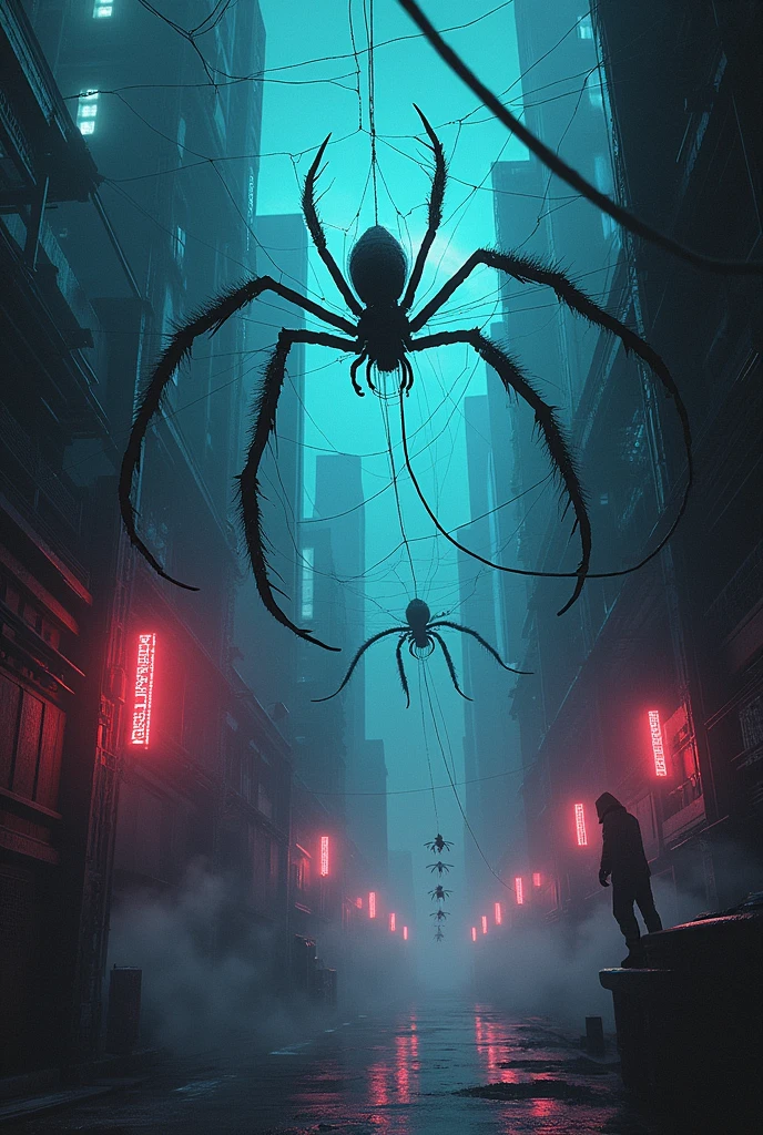 Images of buildings invaded by giant spiders Spider webs covered Perspective of buildings surrounded by spiders Army focuses on attacking spiders with guns