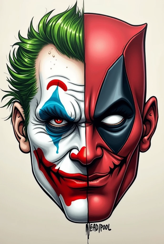 Marvel style comic book cover with a character half Deadpool half Joker