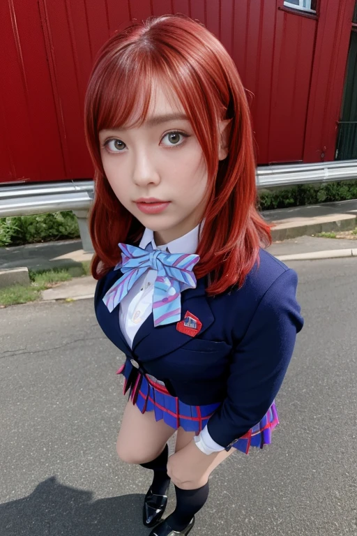 ( Details,  high res,  top quality , realistic ),(masterpiece:1.2), (best quality:1.23),(full body:1.2),defMaki、 red hair、Blue blazer、 blue striped bow tie、 Long Sleeve 、 plaid mini skirt with lace pattern、 blue miniskirt
