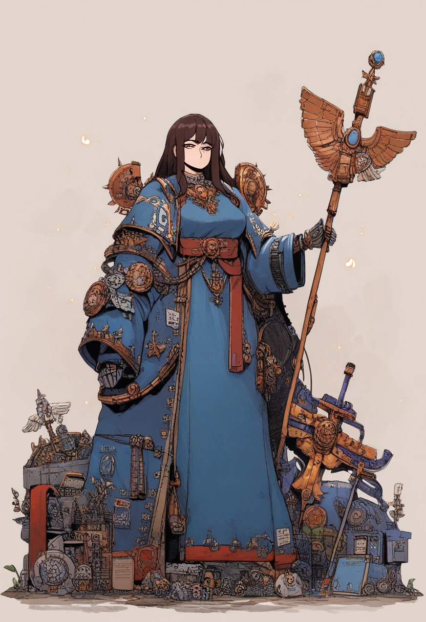 Anime, Concept art, Absurd resolution, high resolution, (masterpiece: 1.4), hyper-detail, octosoup, warhammer 40k, 1woman, admech, staff, robe, cybernetics, long hair, brunette, cyborg, 