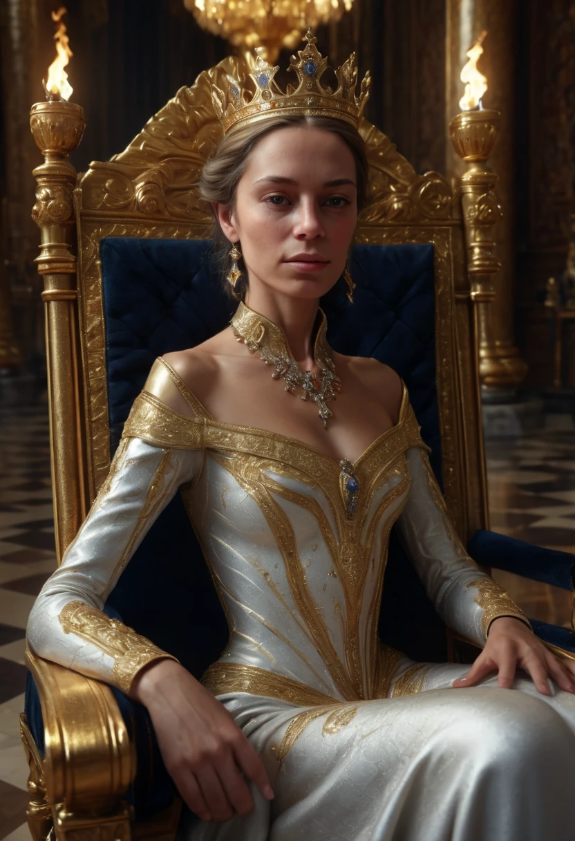 realistic detailed portrait of a queen sitting on a throne in the royal chambers of a luxurious palace, knights bowing down to the queen, torch light, cinematic lighting, ultra detailed, photorealistic, 8k, highly detailed, masterpiece