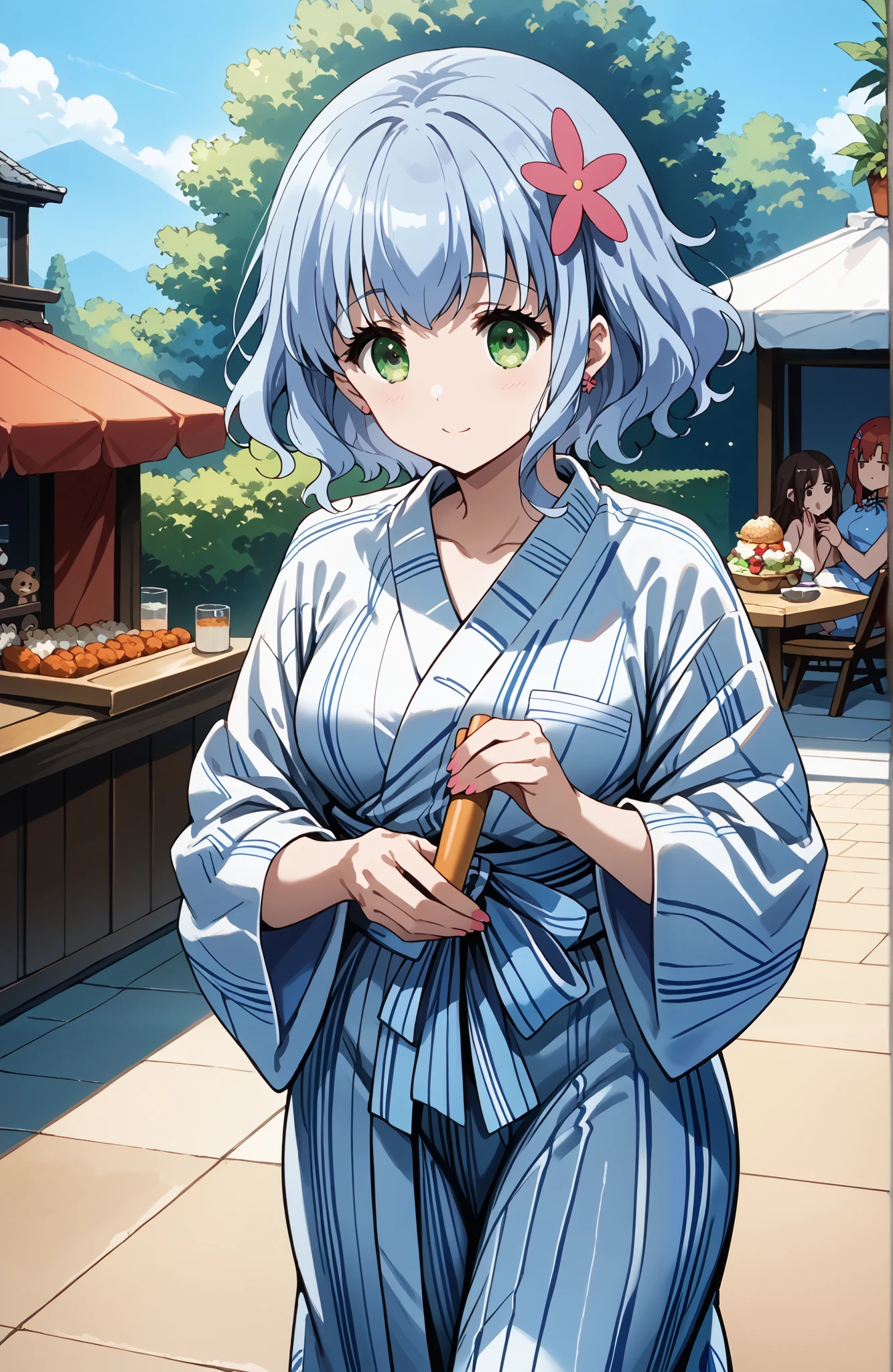 score_9, score_8_up, score_7_up, source_anime, 4K,perfect fingers,(perfect hands, perfect anatomy),
1girl,amagimuse, muse, blue hair, green eyes, short hair, hair ornament, large breast,
wearing ((cotton yukata)),,
she has a cute expressive face, red cheek, lustful face, fair skin,