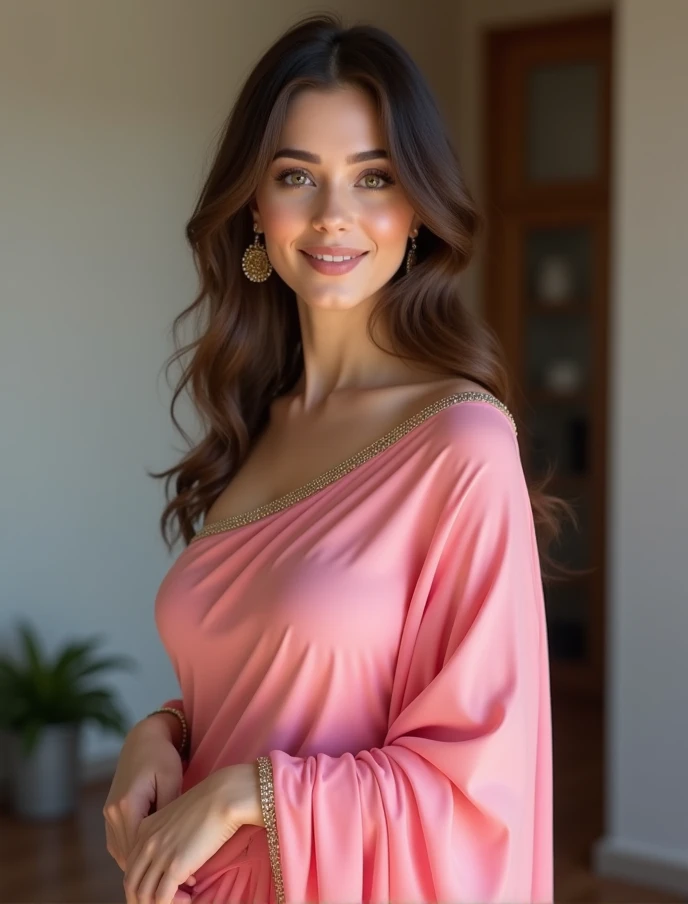 Half-length glamour portrait, nikon D850, f1.6 lens, 200mm, DSLR, 22 Megapixels, (((Tranquil lakeside scene))), shot of a stunning 20 years old portuguese girl, (smile:1.4), (wearing black Pleated midi skirt with Powder pink silk blouse:1.6), ((seductive pose)), hot girl, (((big natural breasts))), (((brown ponytail hair))), ( girl), symmetrical face, photorealistic, photography, (bright natural lighting), gorgeous, deep cleavage, (masterpiece), best quality, high resolution, extremely detailed, cinematic lighting, (((very narrow waist))), rich colors, hyper realistic, lifelike texture, ((jewelry)), (((She has beautiful hands and wears rings))), (bracelet), (necklace), (ankle chain), (nail polish) (earrings), Fuji Superia 200, 8k
