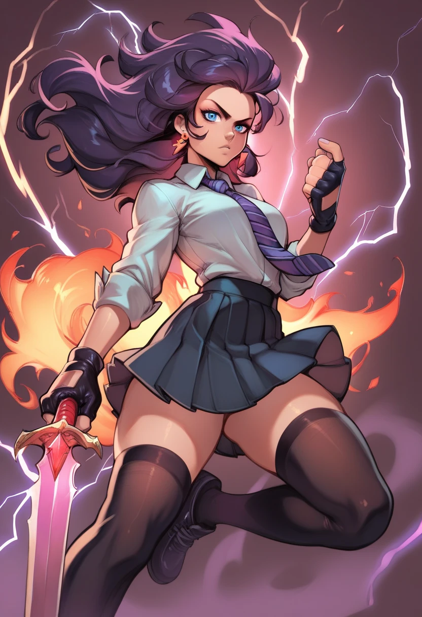 pr3,A girl with piercing blue eyes and long, dark, wavy hair blowing in the wind, wearing a black school uniform with a white collared shirt, striped necktie, fingerless gloves, and thigh-highs, holds a sword with a purple lightning bolt and flames emanating from it, looking directly at the viewer with a serious expression, adorned with earrings and a touch of jewelry, set against a dramatic, fiery backdrop.