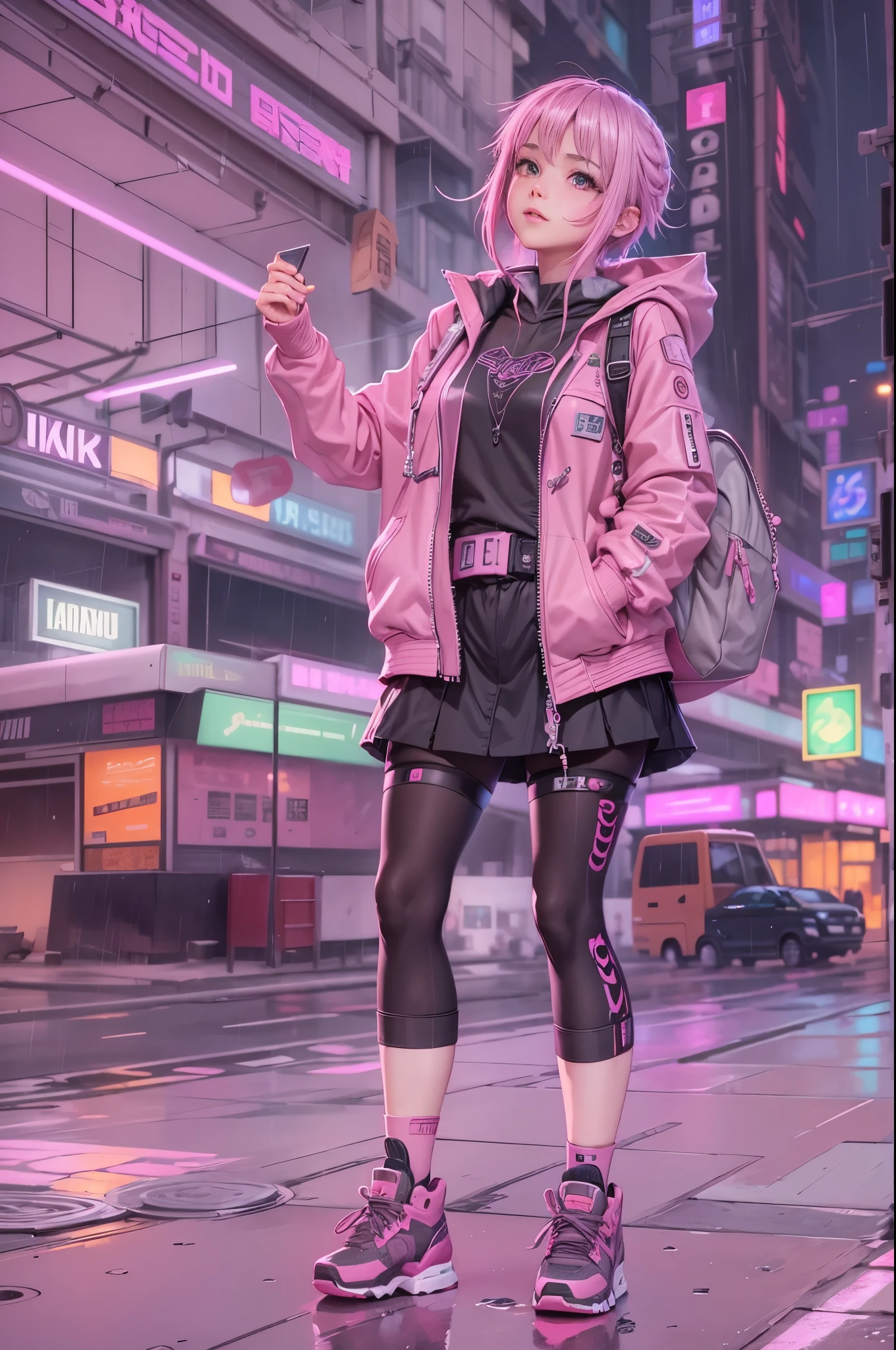 anime character with gun and backpack standing on a city street, digital cyberpunk anime art, cyberpunk anime girl, female cyberpunk anime girl, cyberpunk anime art, cyberpunk anime art, , cyberpunk mech anime girl, pink long haired, technology, chaotic futuristic city, yellow jacket, futuristic backpack and gadgets, rgb,  Neon