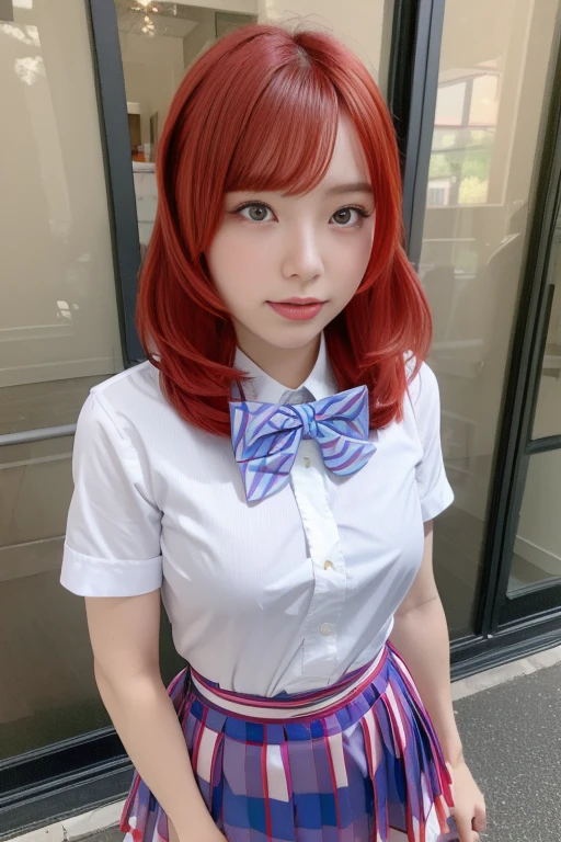 ( Details,  high res,  top quality , realistic ),(masterpiece:1.2), (best quality:1.23),(full body:1.2),defMaki、 red hair、 white shirt、 blue striped bow tie、Short sleeve、 plaid skirt、 pleated skirt
