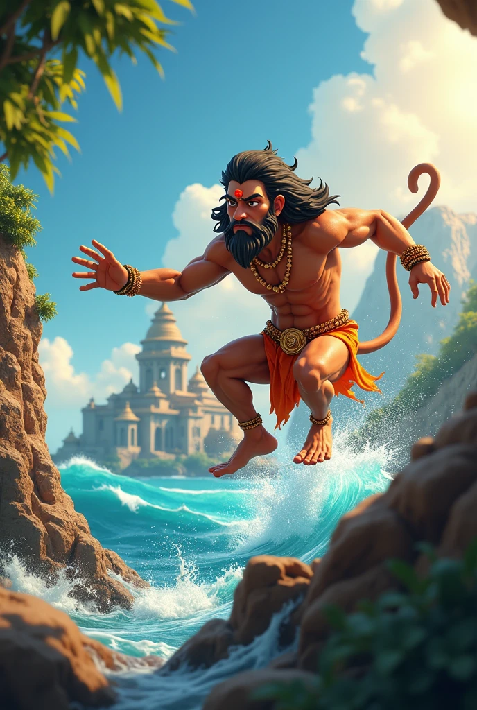 In cinematic 3D cartoon style "An epic depiction of the Ram Setu construction: Lord Ram and his army of monkeys building a bridge across the sea. Stones are floating on water, and the scene is set against a dramatic, stormy sky"