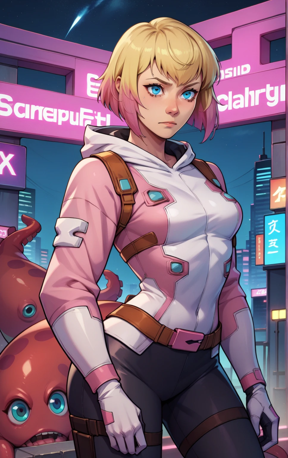 score_9, score_8_up, score_7_up, BREAK GwenpoolSDXL, 1girl, solo, breasts, short hair, blue eyes, blonde hair, detailed background, gloves, medium breasts,cowboy shot, pink hair, multicolored hair, hood, two-tone hair, bodysuit, gradient hair, Blonde hair, Medium hair, blue eyes, anime girl, Pink sweater with red octopus emblem, black pants, small breasts, cyberpunk city, night, background, sky,