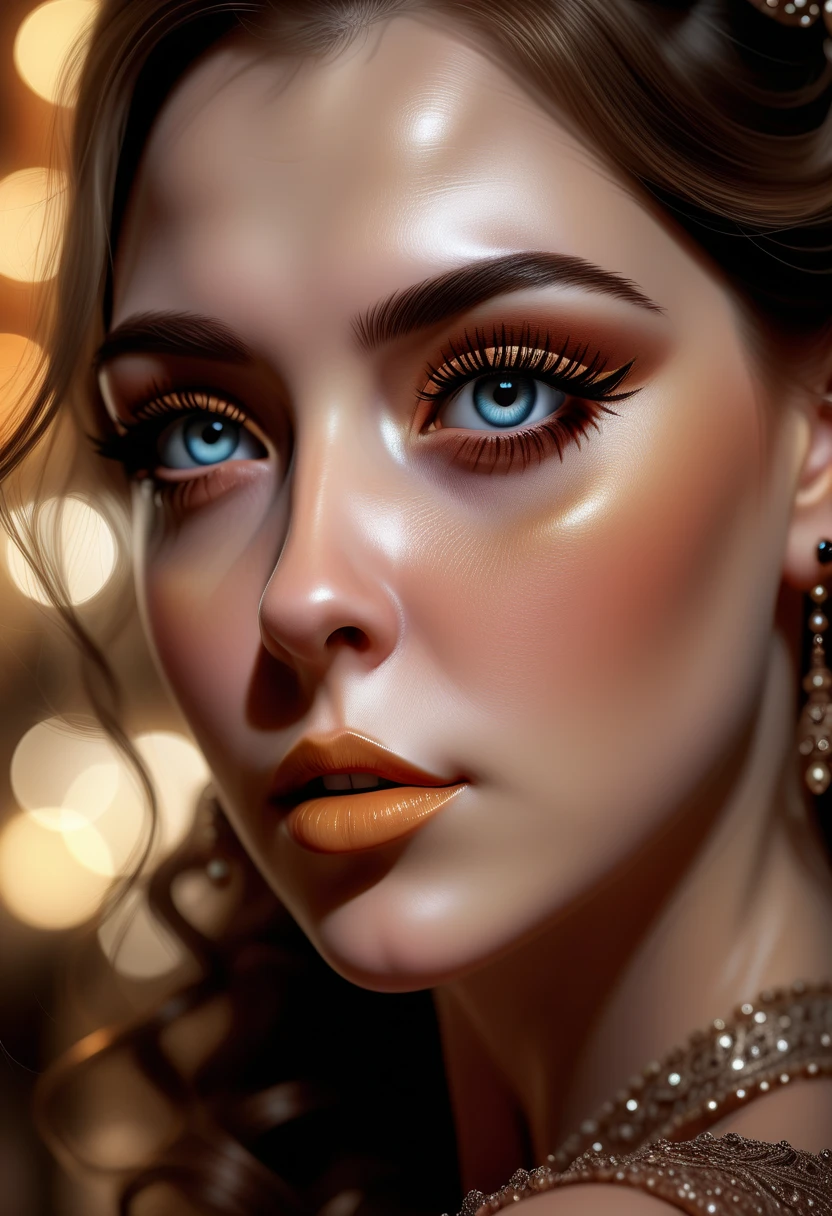 realistic, photorealistic, 1 woman,  beautiful and detailed eyes,  detailed and beautiful lips,  extremely detailed face and portrait ,  long lashes, elegant dress,  cinematic lighting ,  warm color tones , Dramatic lighting, Fantasy, Digital Art, 8k,  best quality, hyper detailed,  intricate details ,  masterpiece , vibrant colors,  volumetric lighting , Soft Focus,  natural skin tones ,  as if it were an oil painting 