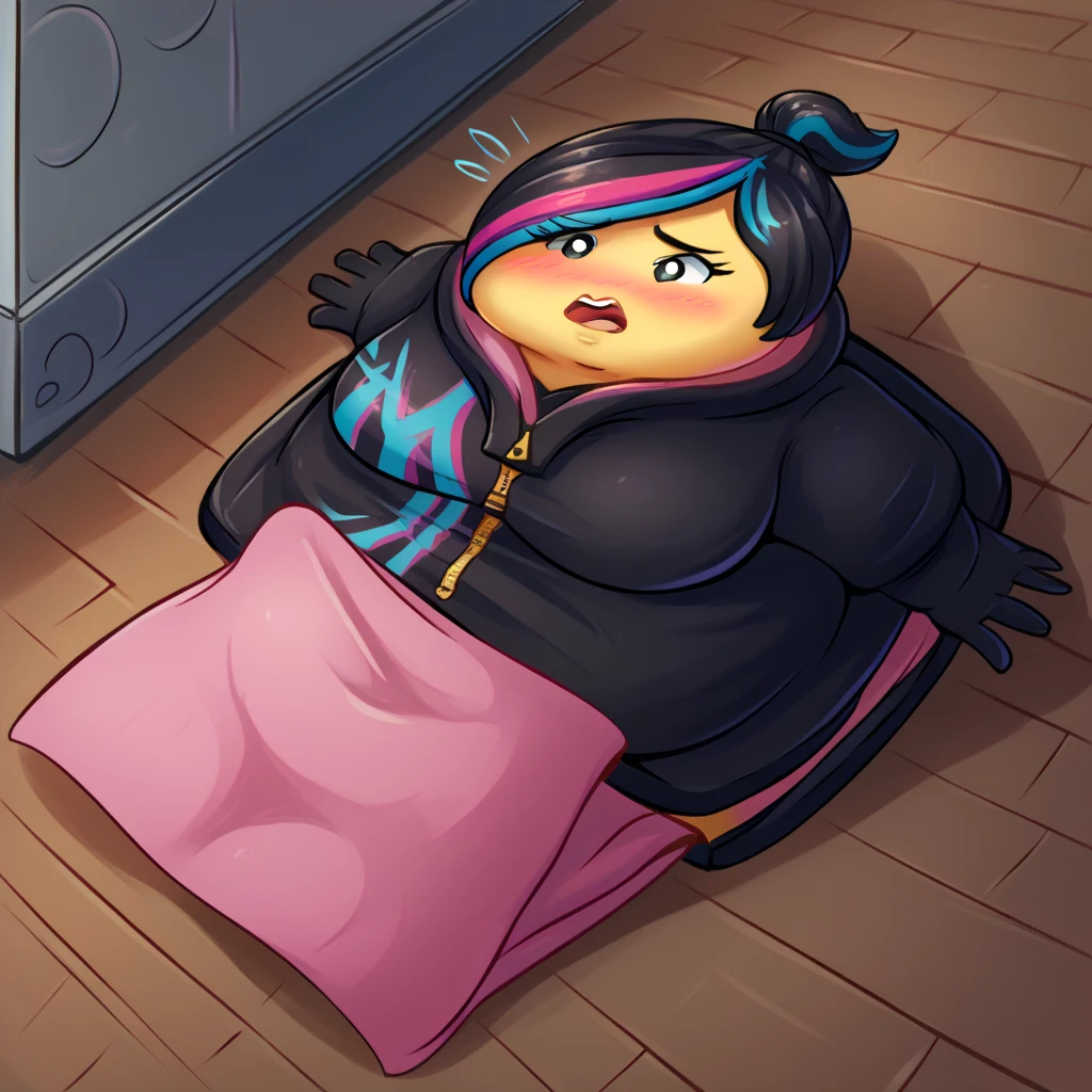 score_9, score_8_up, score_7_up, score_6_up, score_5_up, score_4_up, lego, wyldstyle, 1girl, short hair, black hair, yellow skin, multicolored hair, streaked hair, hoodie, zipper, topknot, obese, obese, shocked, blush , on back, paper thin, flattened girl, flattened, on floor, lying on floor, roll press, factory, rollers,(towel body:1.3)