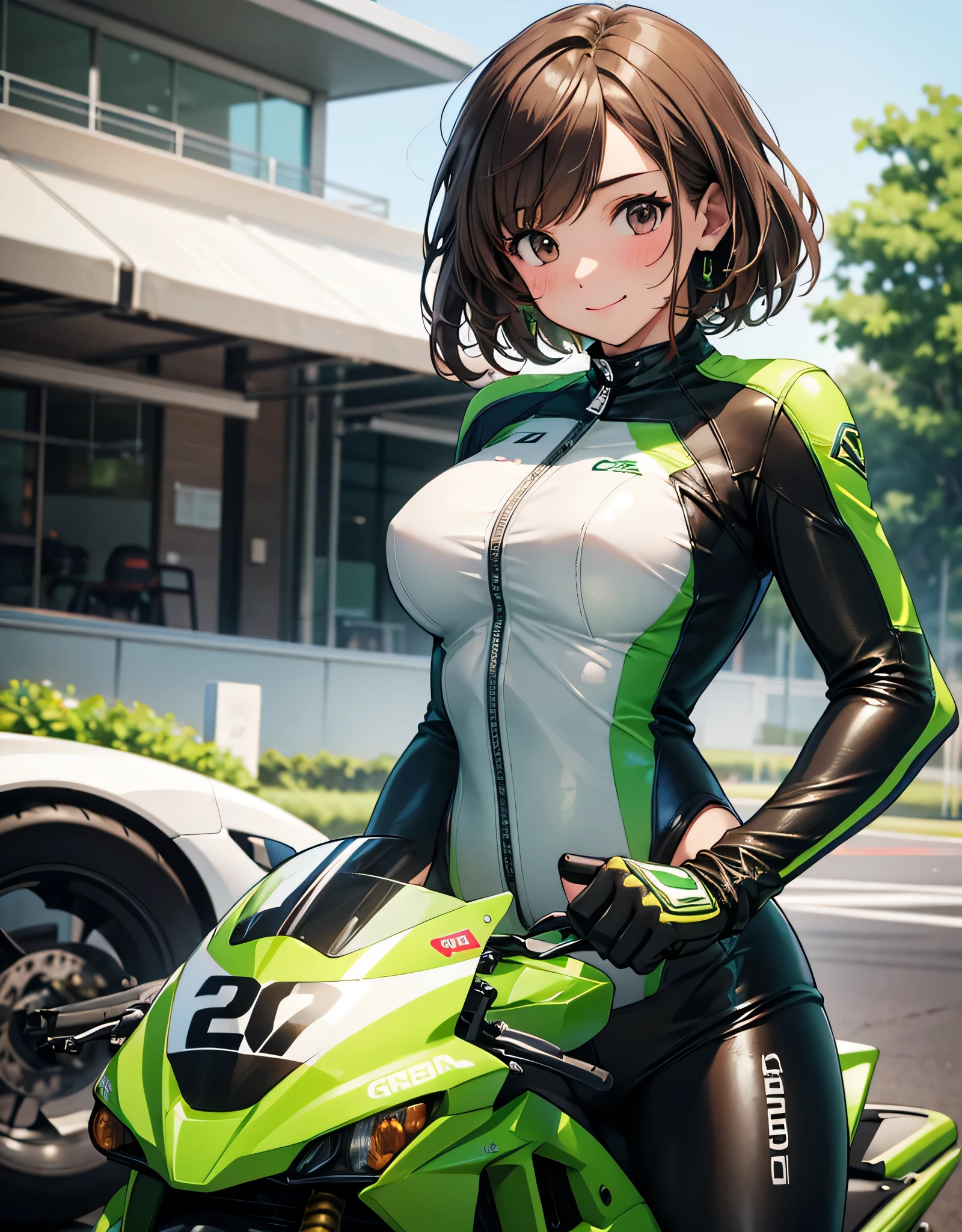  One girl , solo,  high res, chest,  blush,  smiles,  short hair , bangs,  brown eyes,  high res, masterpiece, accurate,  anatomically correct,  wins numerous awards, 最 High Quality , high detail,  high definition model ,  High Quality ,  retina,  very detailed,  Ultra Fine, Brown Hair, standing, ((( GREEN LEATHER RACING SUIT ))), circuit field background , GREEN SPORTS BIKE ,  wear a green racing suit all over your body, Leather gloves,  open your mouth and laugh, Highlight the whole body,  don't reveal your skin, Hold the helmet on your right , During a circuit race, Motorcycle circuit , motorcycle circuit, , , 