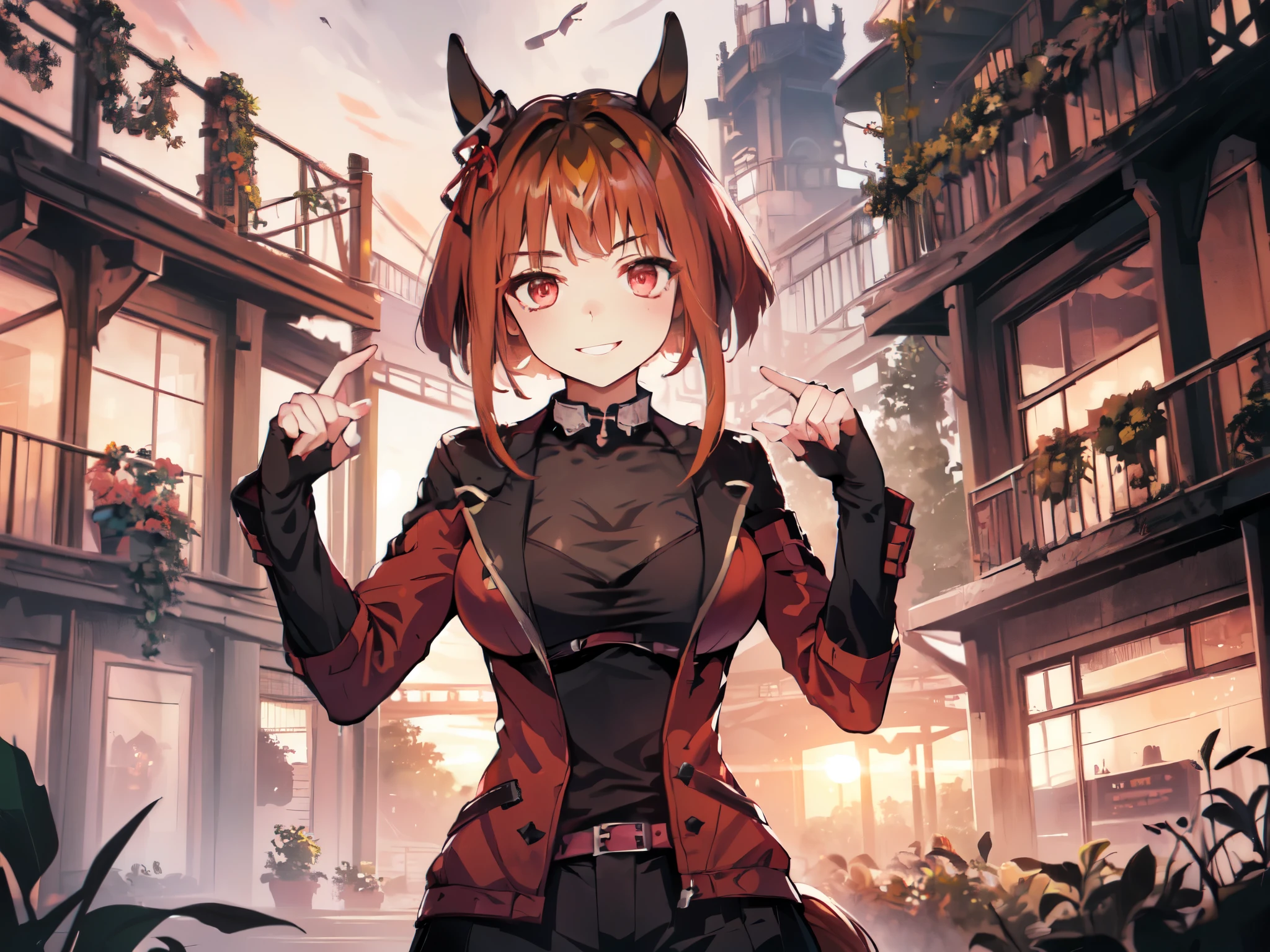 (Alone:2), (woman:2),  (Short Fingers, Short Arms, Short Legs), (Horse Ears),、 (Big Breasts),( arm-crossed)、 (Smiling, Looking at Camera), (Red Castle Garden), (Sunset), (Focus on Chest), (Carefully Drawn, Amazing Artwork, Top Quality, High Resolution, 8k, Detailed, Delicate),