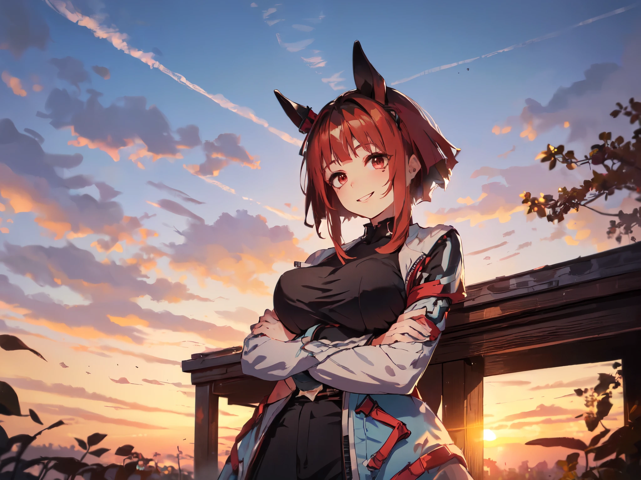 (Alone:2), (adult:2),  (Short Fingers, Short Arms, Short Legs), (Horse Ears), (Big Breasts),( arm-crossed)、 (Smiling, Looking at Camera), (Red Castle Garden), (Sunset), (Focus on Chest), (Carefully Drawn, Amazing Artwork, Top Quality, High Resolution, 8k, Detailed, Delicate),