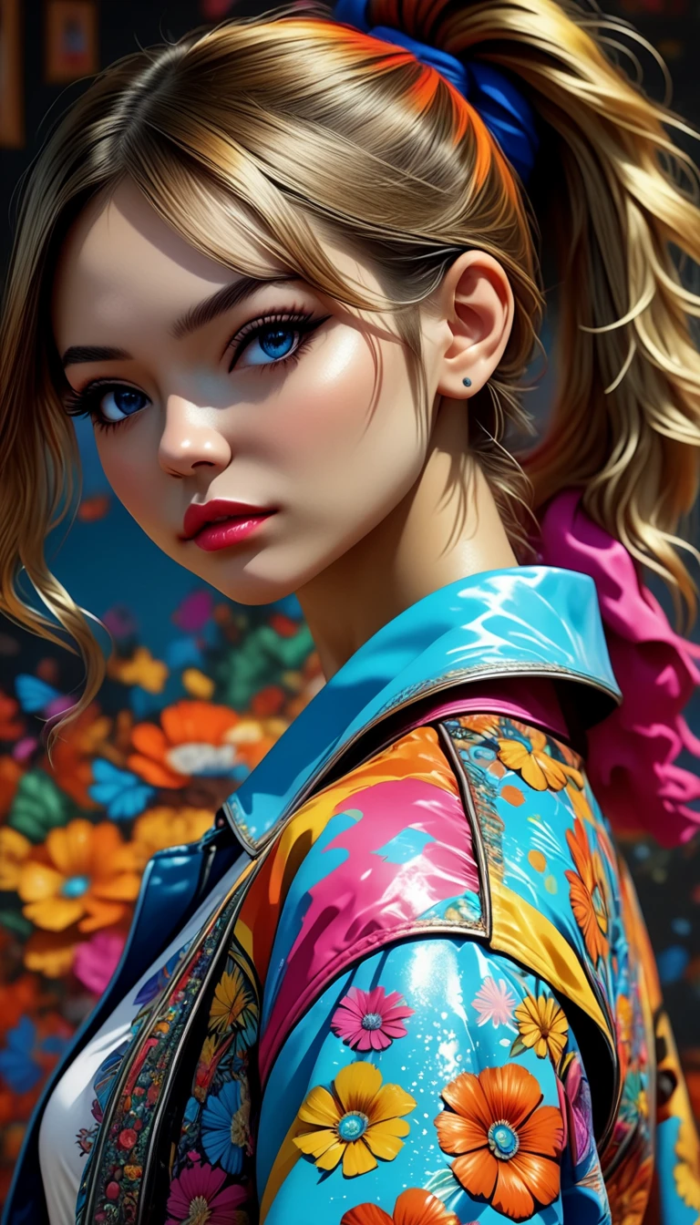 psychedelic art, ( better quality,4k,8K,highres, masterpiece:1.2),ultra-detallado,( realistic ,photo realistic ,photo- realistic :1.37), a girl,hip hop style outfit, high ponytail , hair costume ,cowgirl pose,Mirando al espectador,inclinada handia adelante,by santiago caruso,By Mike Azevedo, detailed eyes , Detailed lips ,extremely detailed face, long eyelashes are not attractive, dynamic pose ,colorful, vibrant colors,iluminandión cálida.and_neg1