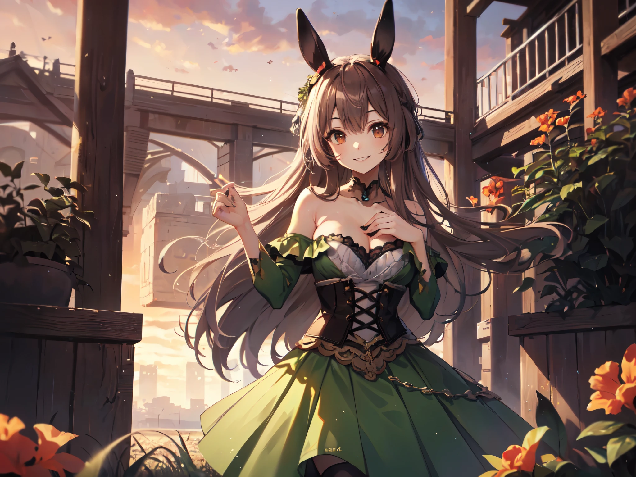 (Alone:2), (ren:2), (Green costume), (Short Fingers, Short Arms, Short Legs), (Horse Ears), (Flat Chest), (Smiling, Looking at Camera), (Red Castle Garden), (Sunset), (Focus on Chest), (Carefully Drawn, Amazing Artwork, Top Quality, High Resolution, 8k, Detailed, Delicate),