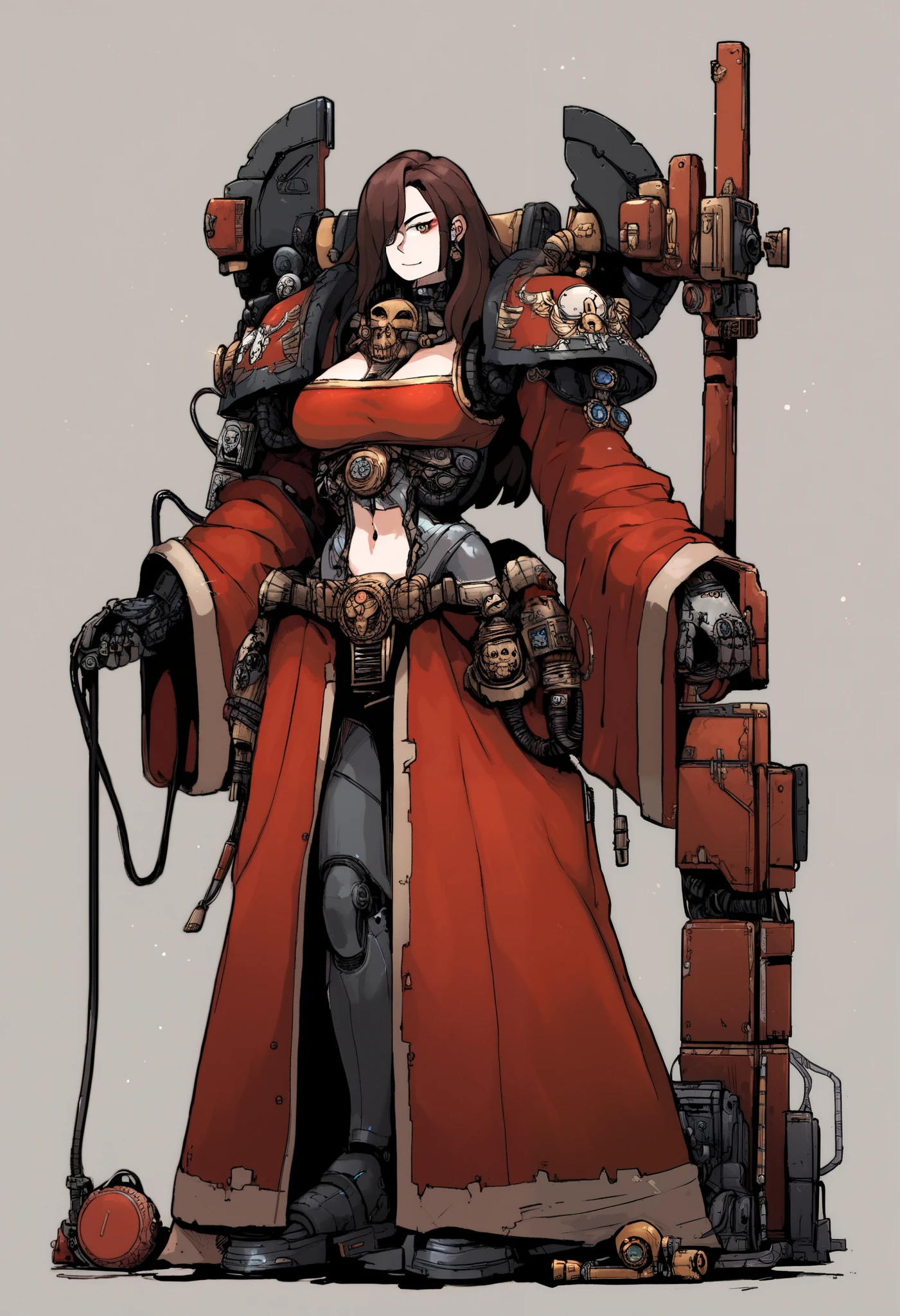 Anime, Concept art, Absurd resolution, high resolution, (masterpiece: 1.4), hyper-detail, octosoup, warhammer 40k, 1woman, admech, staff, red robe, cybernetics, long hair, brunette, cyborg, mechanical hands, boob window, midriff, gasmask, tubes, wires, raggy clothes, cybernetic eye, 