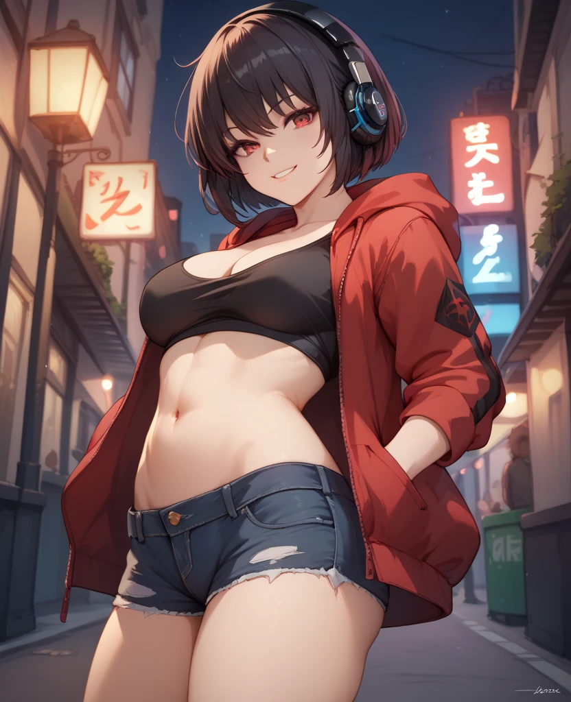 Sexy anime girl, age 17, black short hair, red eyes, no bra, black tight crop top, cleavage, red open hoodie, hoodie over head, black headphones, denim shorts, medium breasts, medium thighs, belly open, belly button high on belly, perfect shapely body, seductive pose, smirking, hands inside denim pockets, in a city, night, cowboy shot