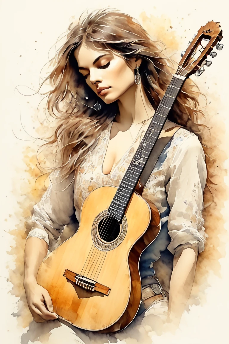 A beautiful sketch of A guitarra clasica recargada en una cerca de madera, lightly colored with watercolors, top quality, high quality, masterpiece, with a taste of lyric poetry in realism, naturalism, neoclassicism, delicate realism, drawn with graphite pencil,
