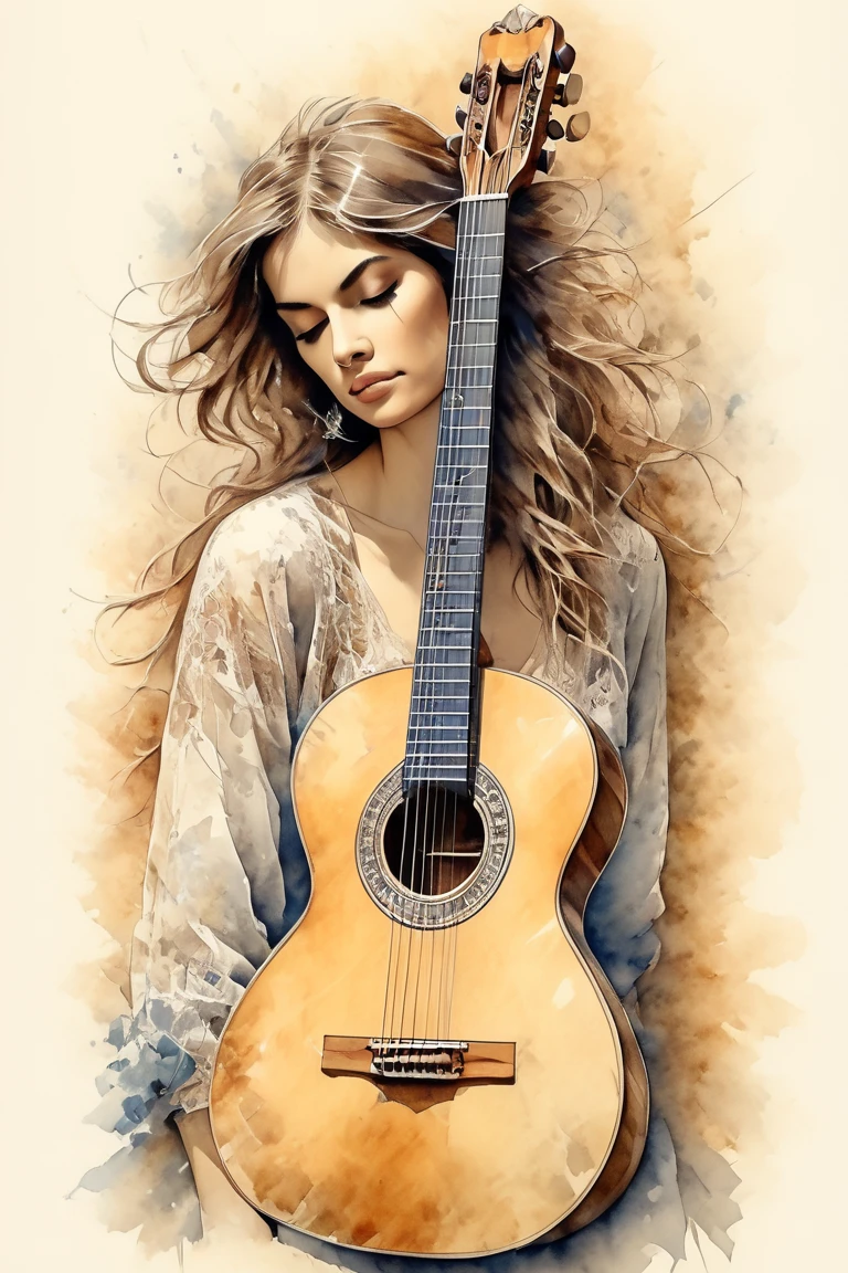 A beautiful sketch of A guitarra clasica recargada en una cerca de madera, lightly colored with watercolors, top quality, high quality, masterpiece, with a taste of lyric poetry in realism, naturalism, neoclassicism, delicate realism, drawn with graphite pencil,
