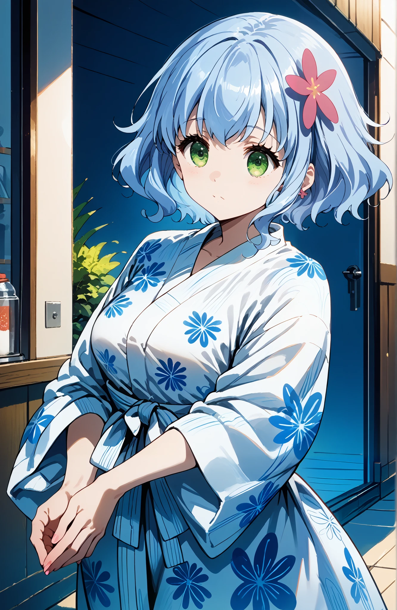 score_9, score_8_up, score_7_up, source_anime, 4K,perfect fingers,(perfect hands, perfect anatomy),
1girl,solo,amagimuse, muse, blue hair, green eyes, short hair, hair ornament, large breast,
wearing ((cotton yukata)),,
red cheek, lustful face, fair skin,